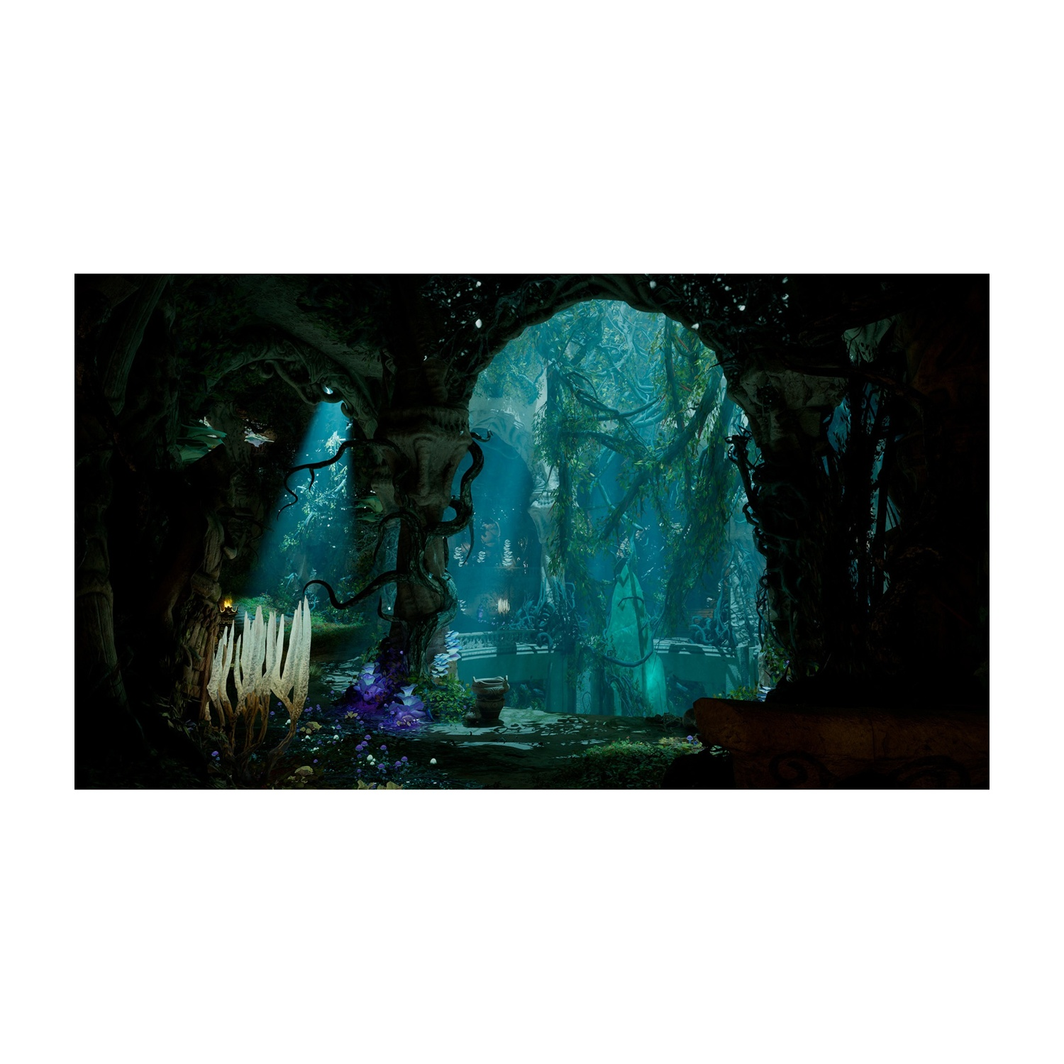 Ingresso buio di una grotta mistica con piante e alberi luminosi.