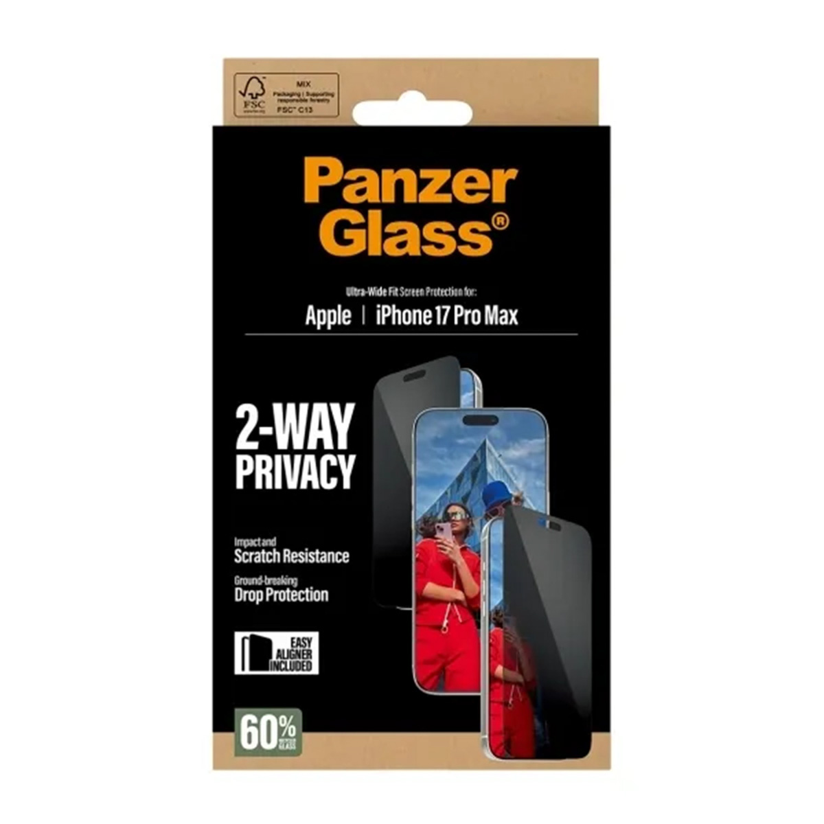 Panzer Glass screenprotector voor Apple iPhone 17 Pro Max, 2-weg privacy.