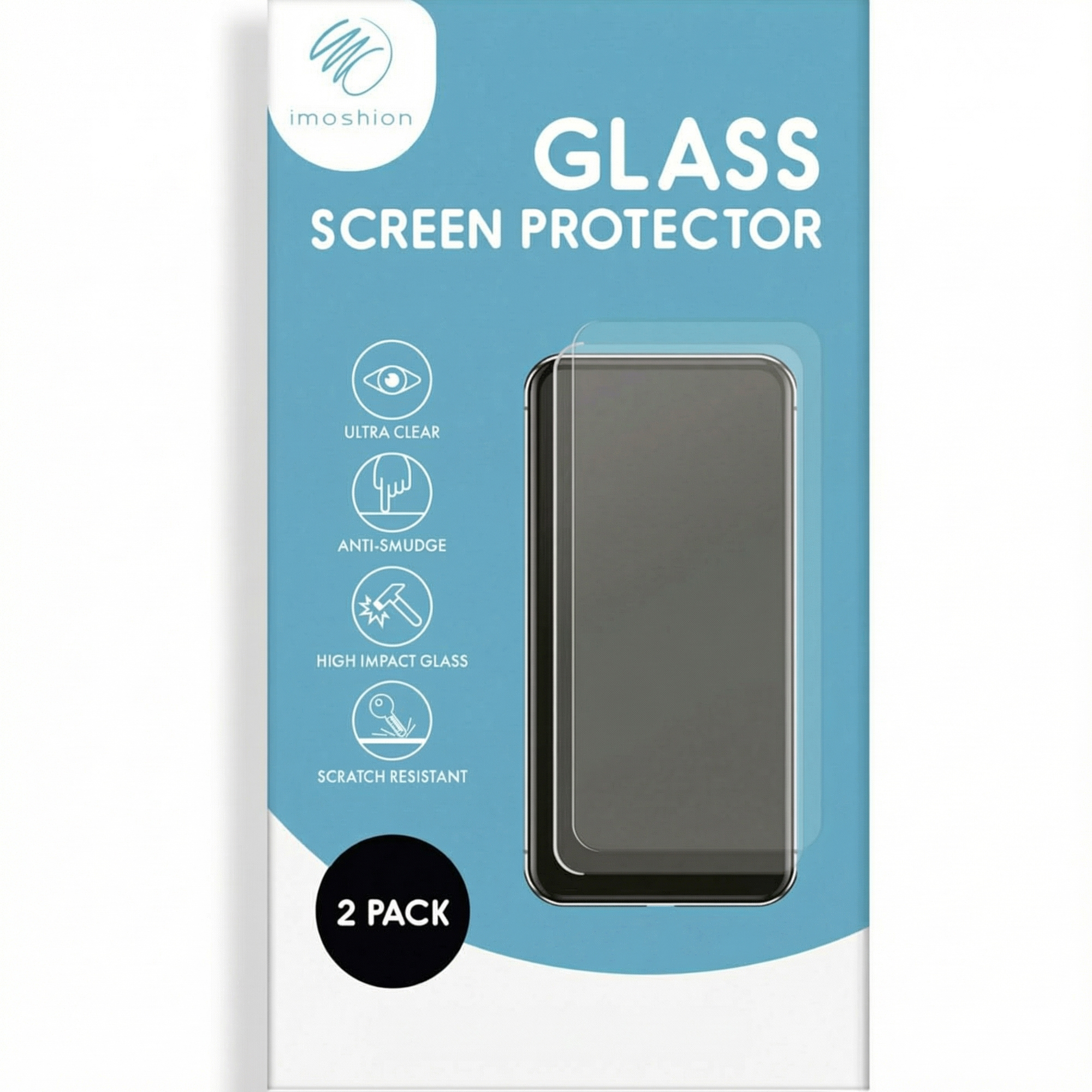 Packaging for a glass screen protector showing a phone.