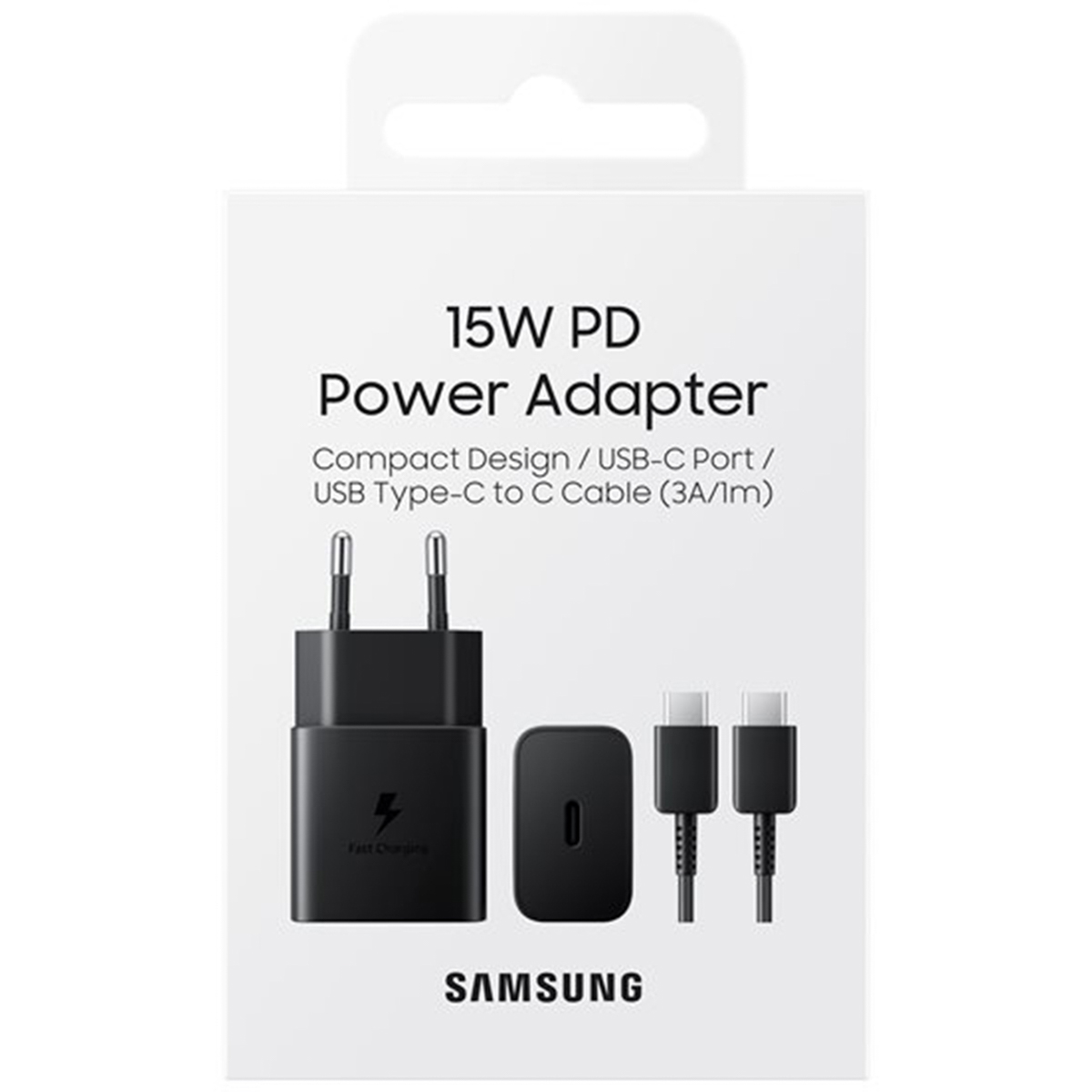 Adaptador de corriente Samsung 15W PD con cable USB-C. Enchufe, tapa y cable negros.
