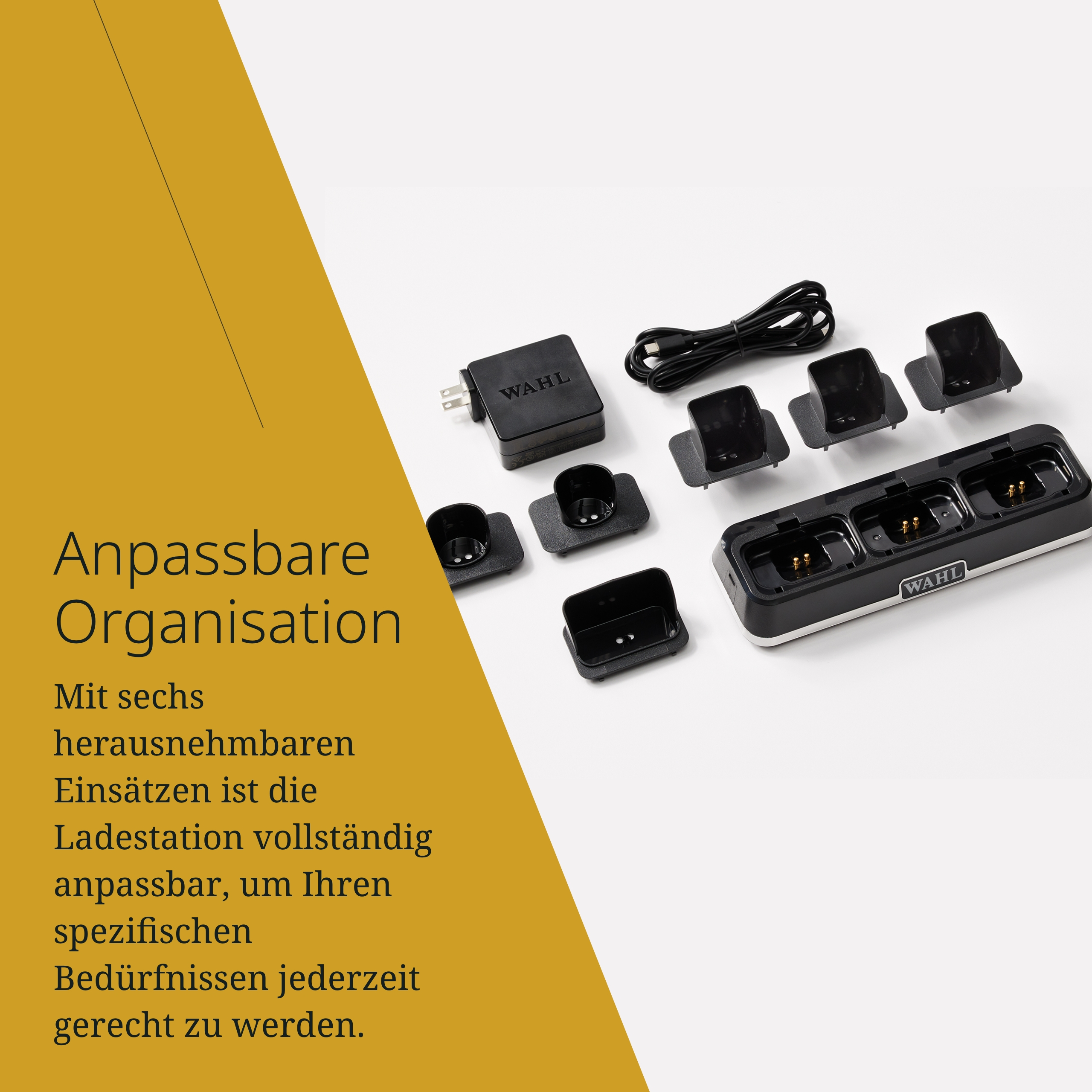 Wahl Ladestation mit Netzteil, Kabel und sechs Einsätzen auf weißem Hintergrund.