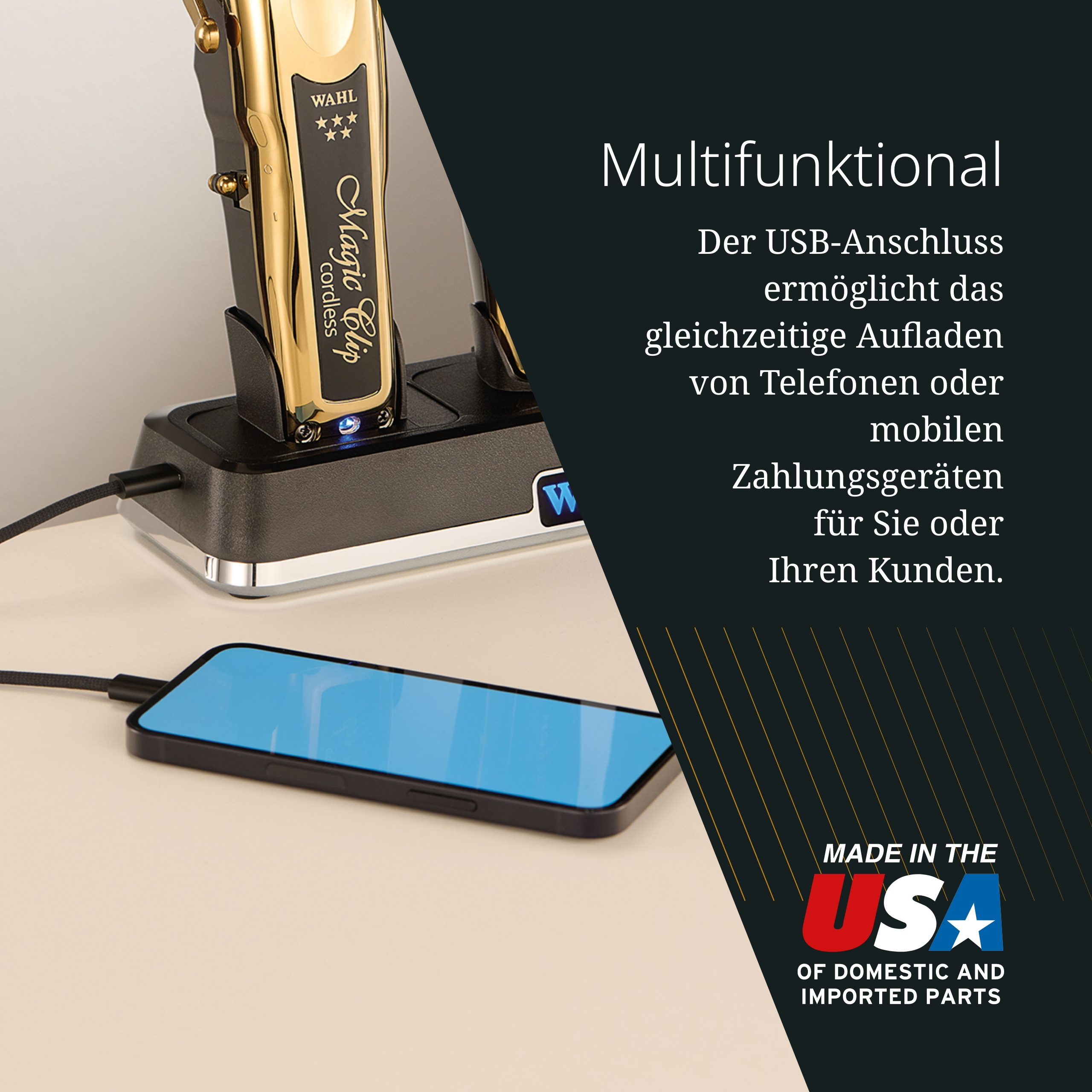 Goldene Haarschneidemaschine lädt ein Handy auf. Made in USA.