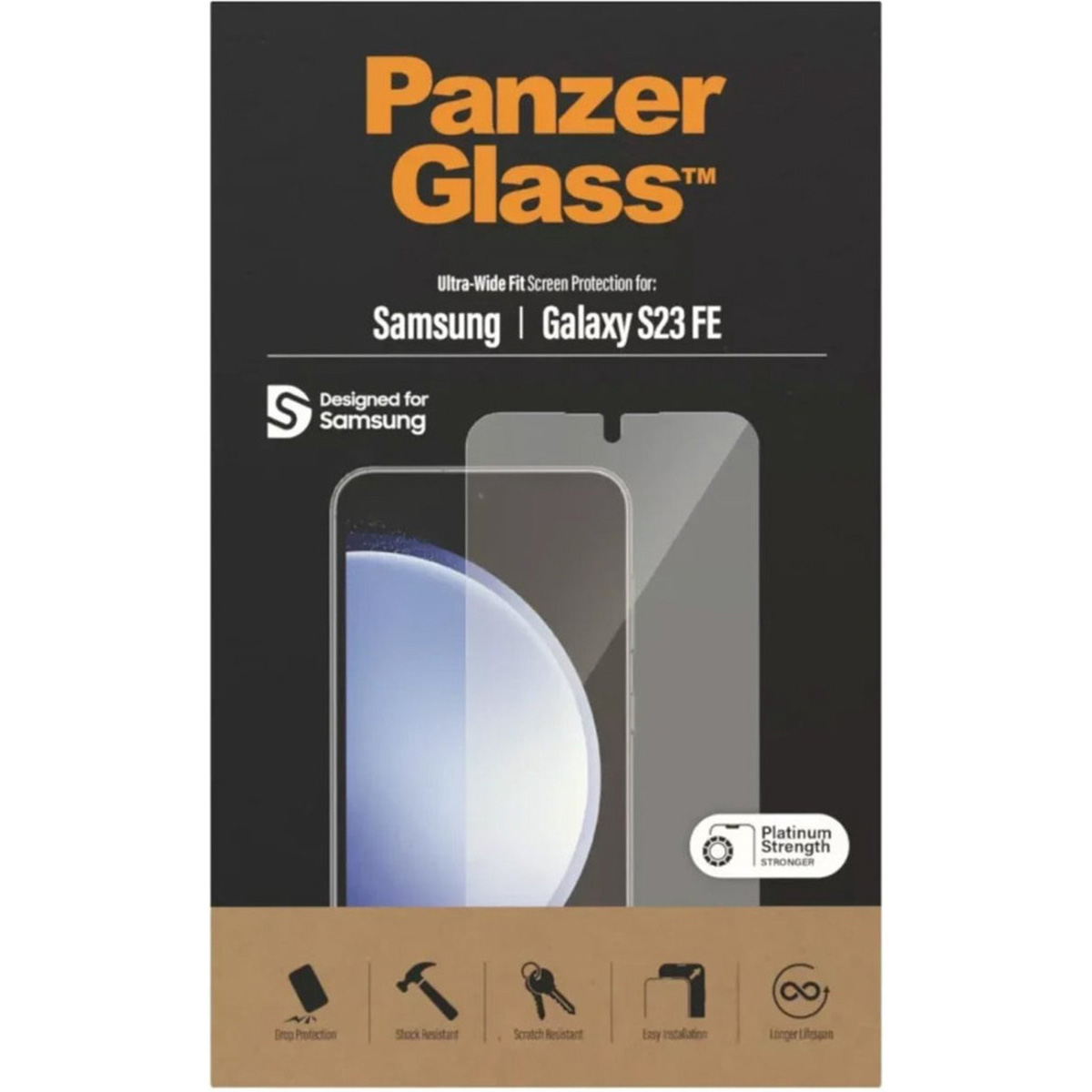 Opakowanie folii ochronnej Panzer Glass do Samsung Galaxy S23 FE.