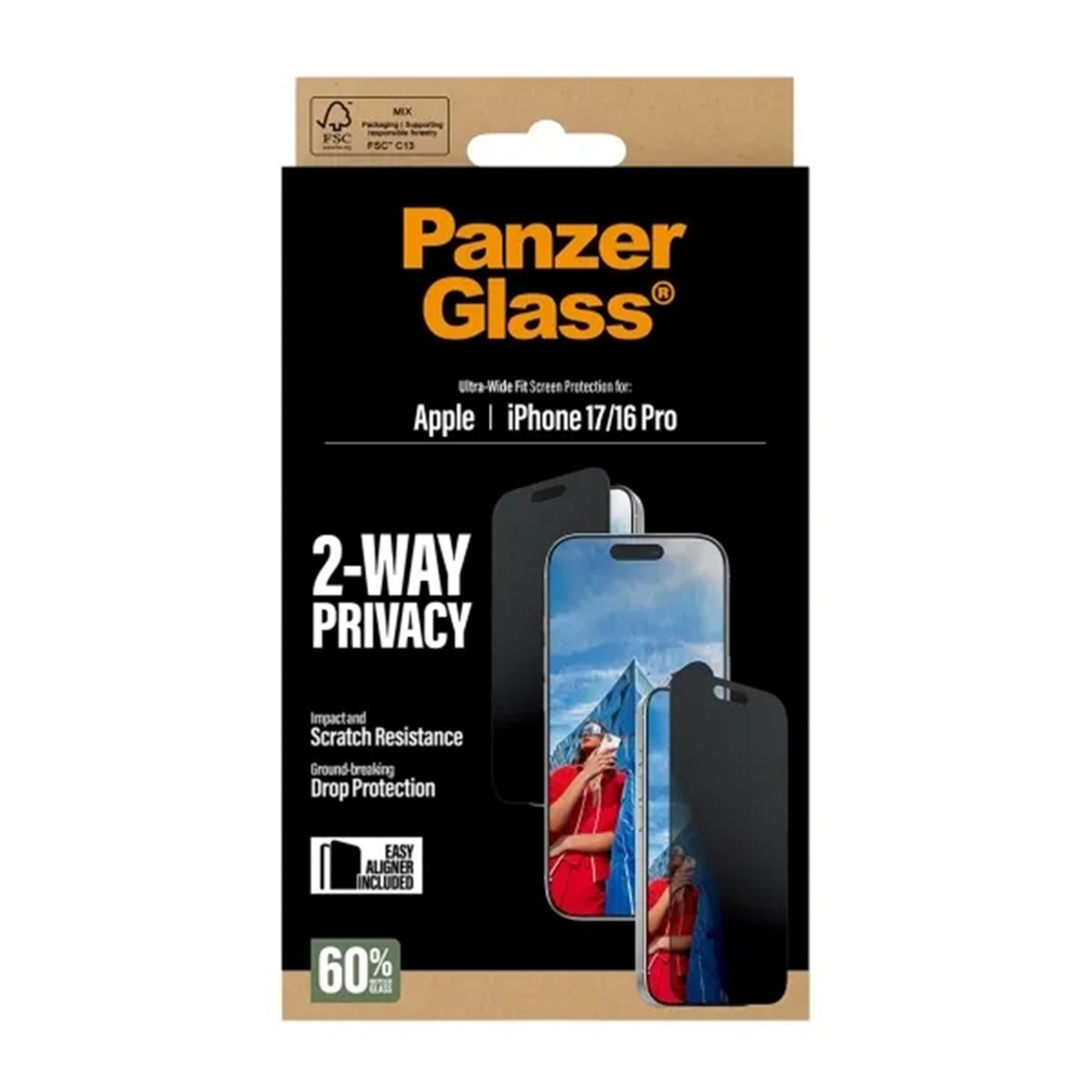 Protection d'écran Panzer Glass pour iPhone 17/16 Pro avec 2-way privacy.