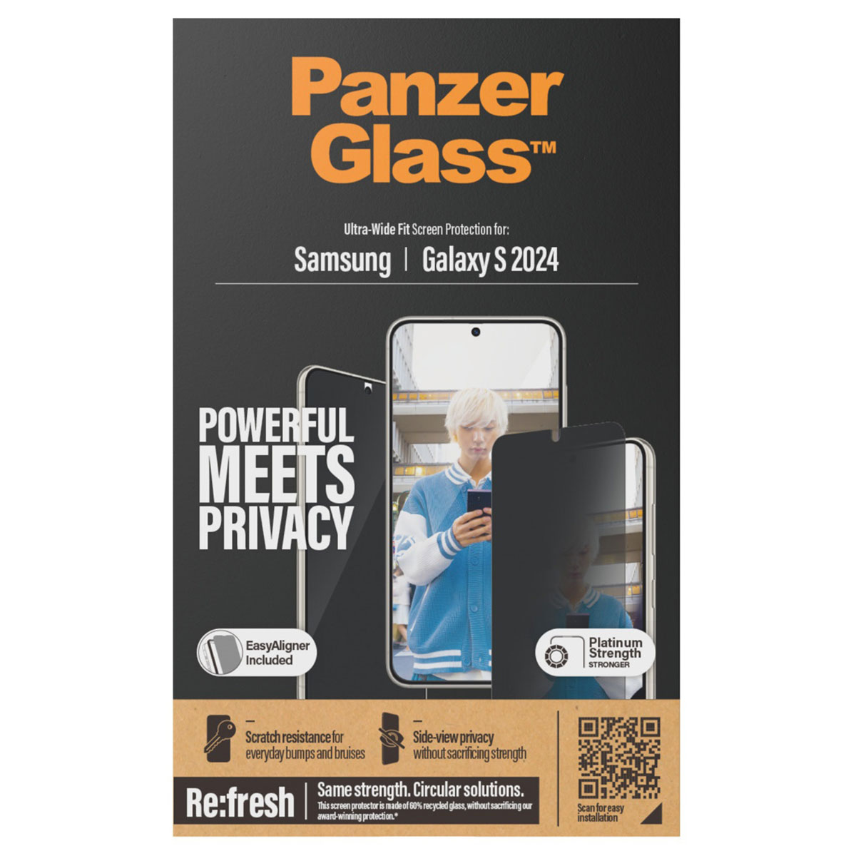 Protection d'écran Panzer Glass pour Samsung Galaxy S 2024, montre un téléphone avec écran de confidentialité.