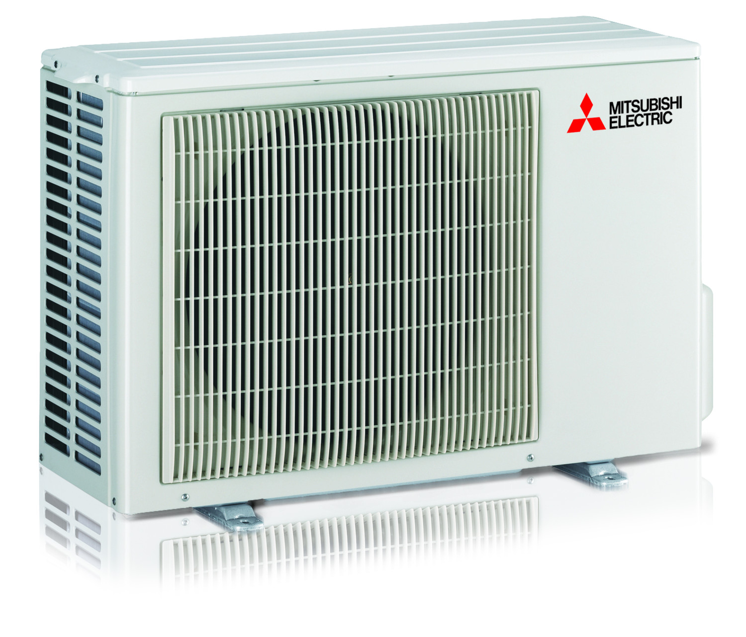 Un'unità esterna bianca per condizionatore Mitsubishi Electric.