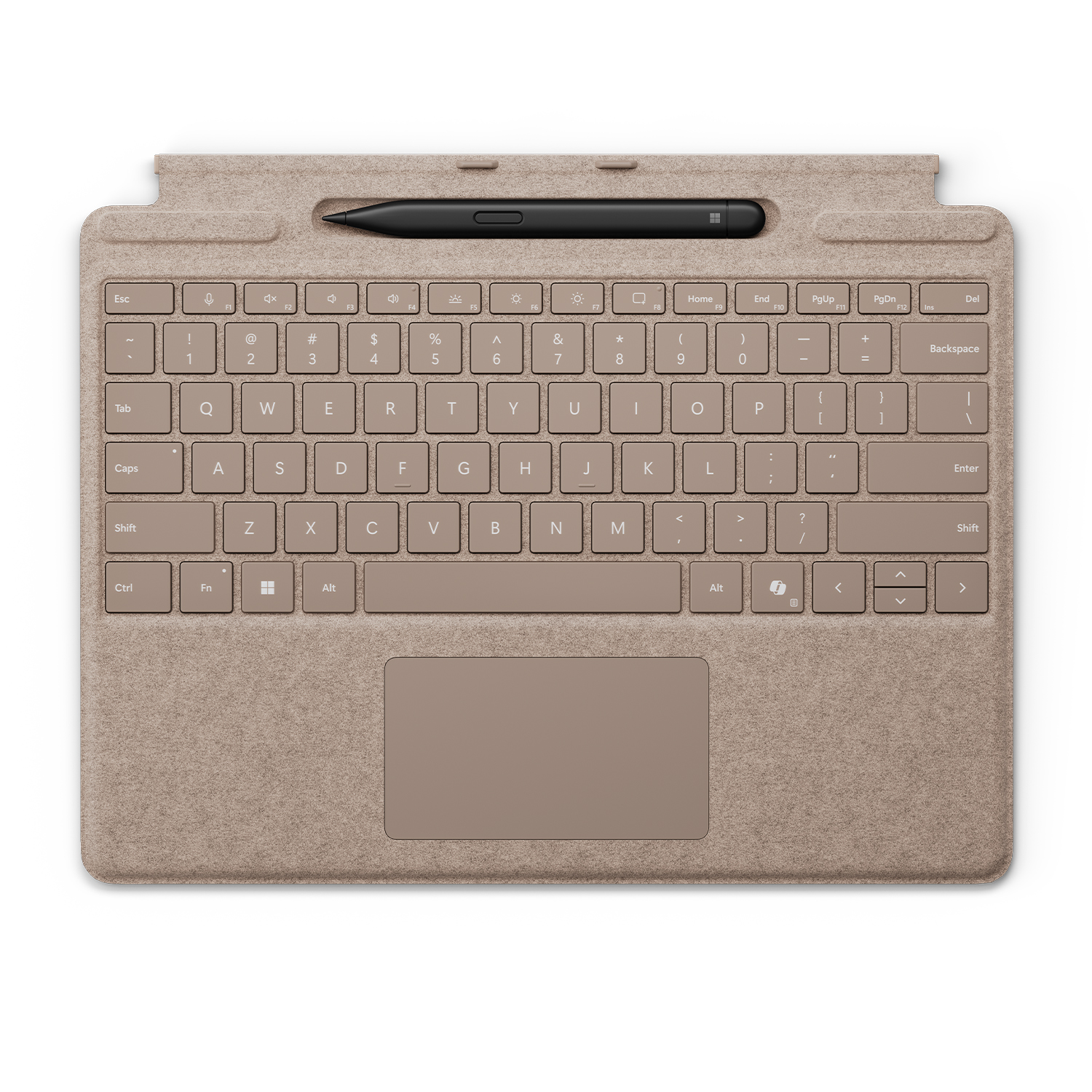 Una tastiera in tessuto beige con uno stilo nero attaccato magneticamente sopra.