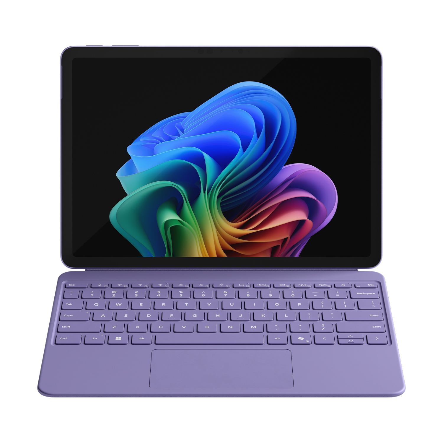 Tablet viola con tastiera che mostra uno sfondo astratto colorato.