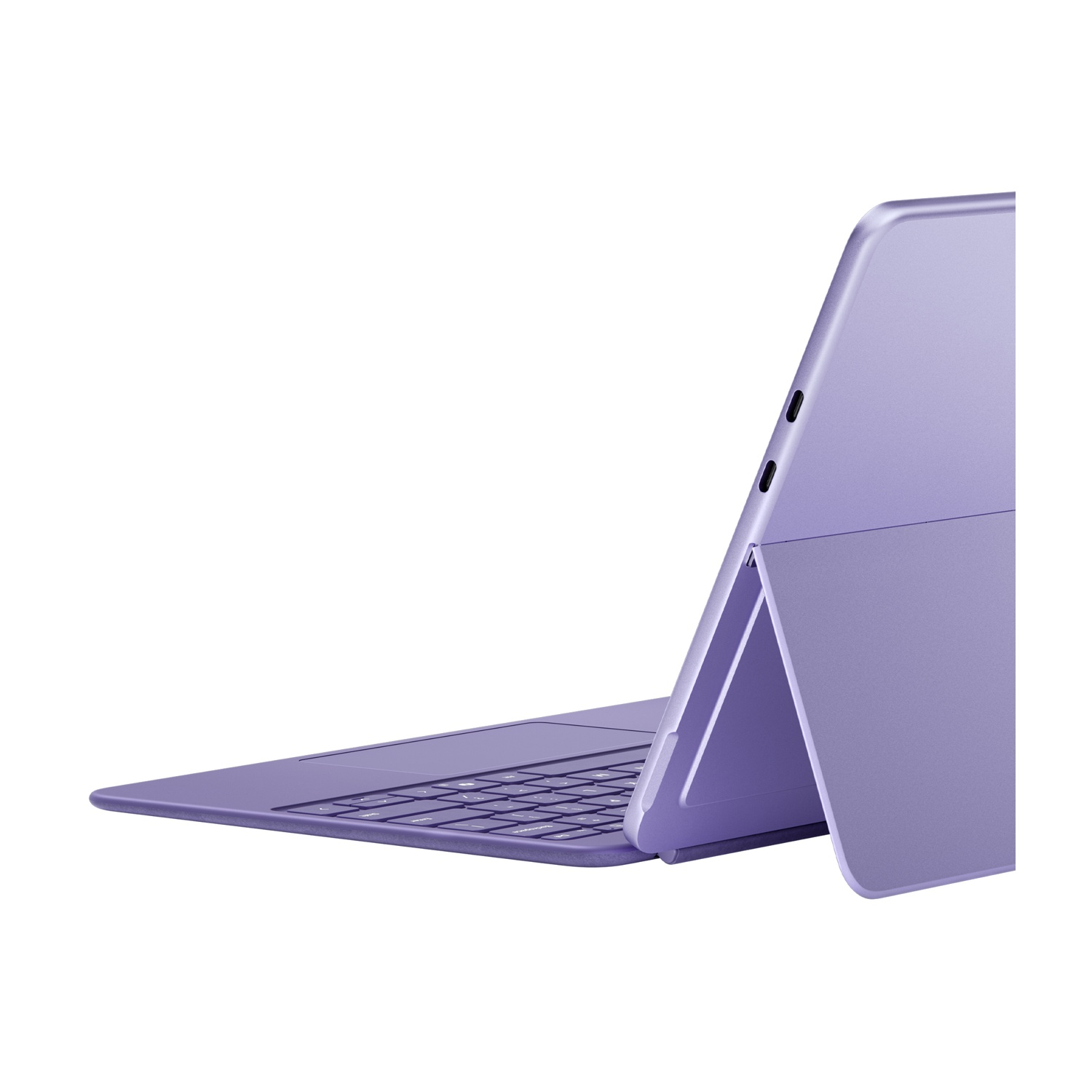 Un tablet viola con supporto tastiera allegato, visto di lato.