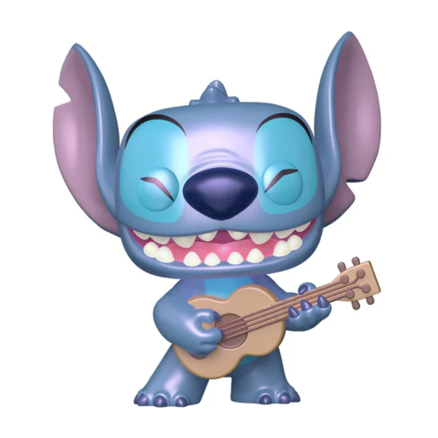 Stitch gra na ukulele z zamkniętymi oczami i szerokim uśmiechem.