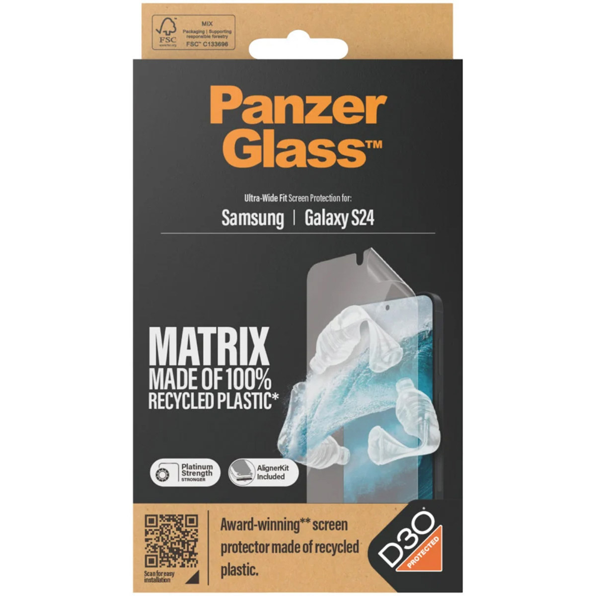 Verpakking Panzer Glass Samsung Galaxy S24 screenprotector van 100% gerecycled plastic.