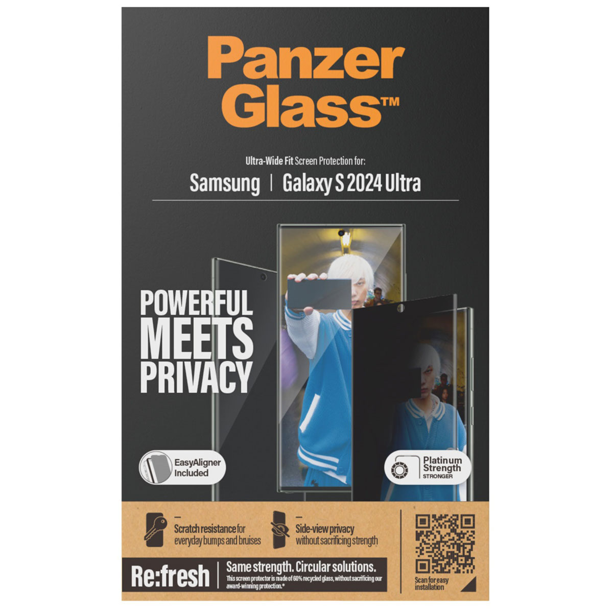 PanzerGlass voor Samsung S2024 Ultra met sterke privacy. Inclusief EasyAligner.