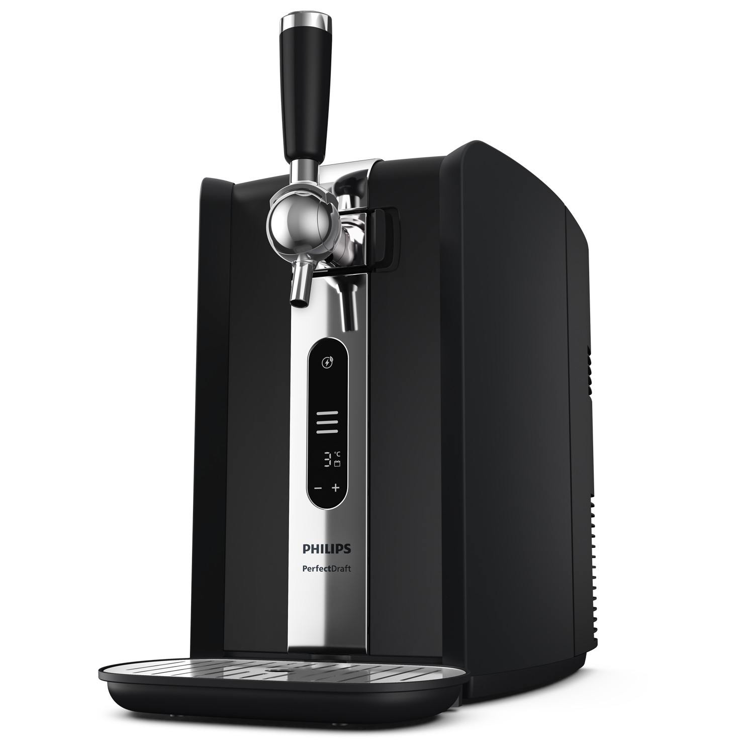Schwarzer Philips PerfectDraft Bierzapfhahn mit silbernem Griff und Display.