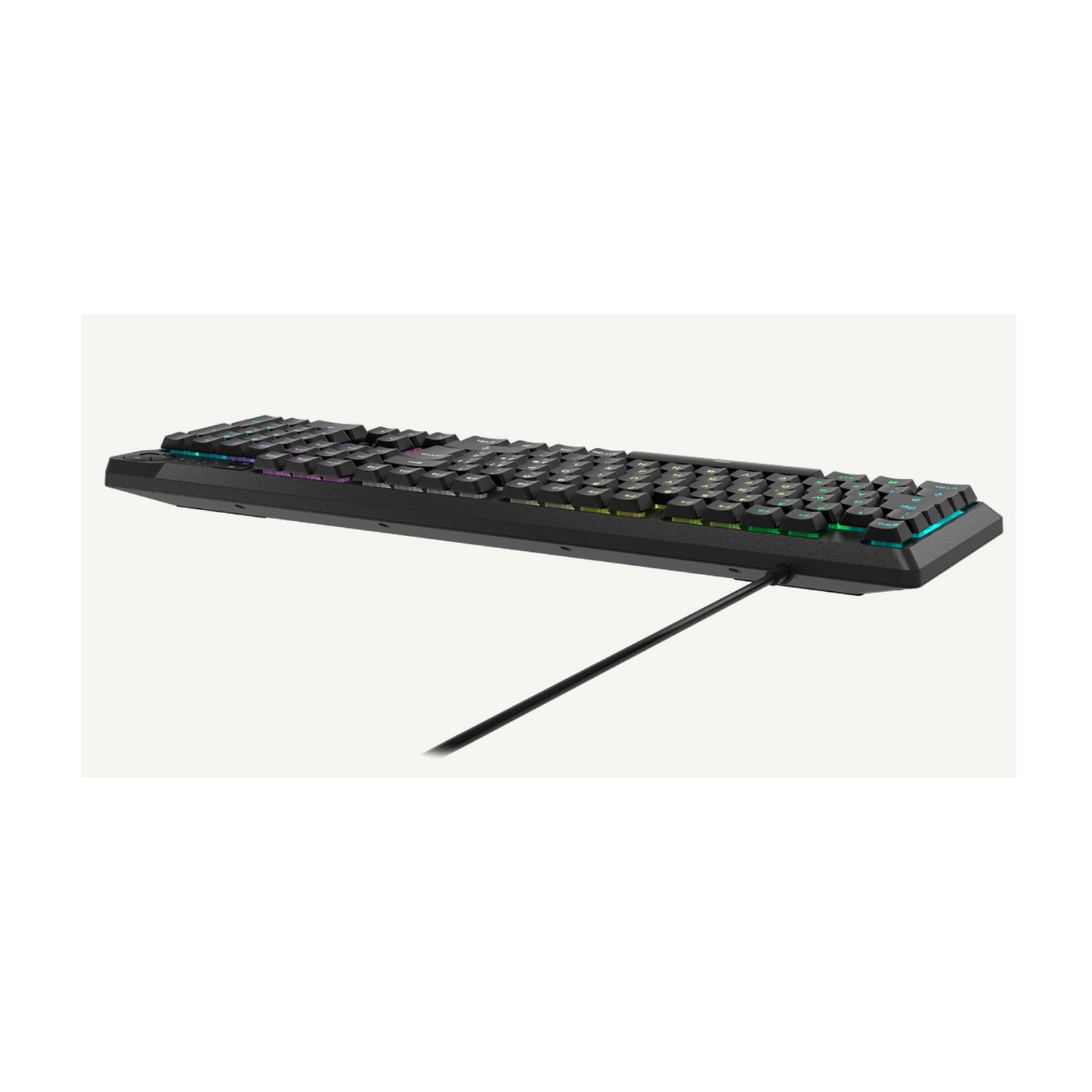Schwarze Tastatur mit RGB-beleuchteten Tasten und einem Kabel.