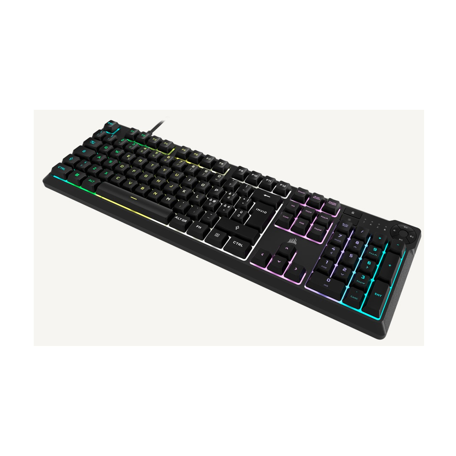 Schwarze Tastatur mit RGB-Beleuchtung, auf weißem Hintergrund.