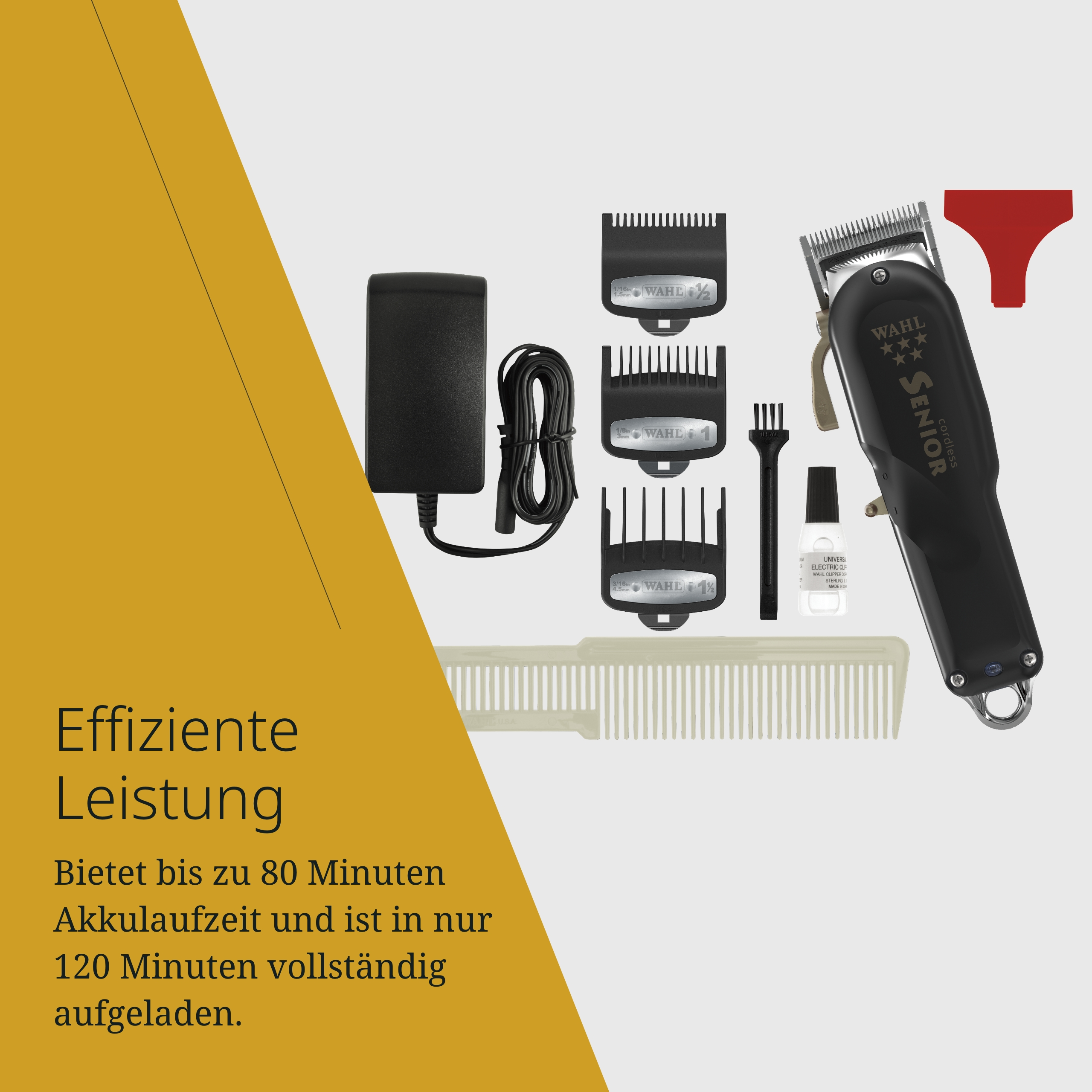 Wahl Senior Haarschneidemaschine mit Zubehör: Ladegerät, Kämme, Öl, Bürste.