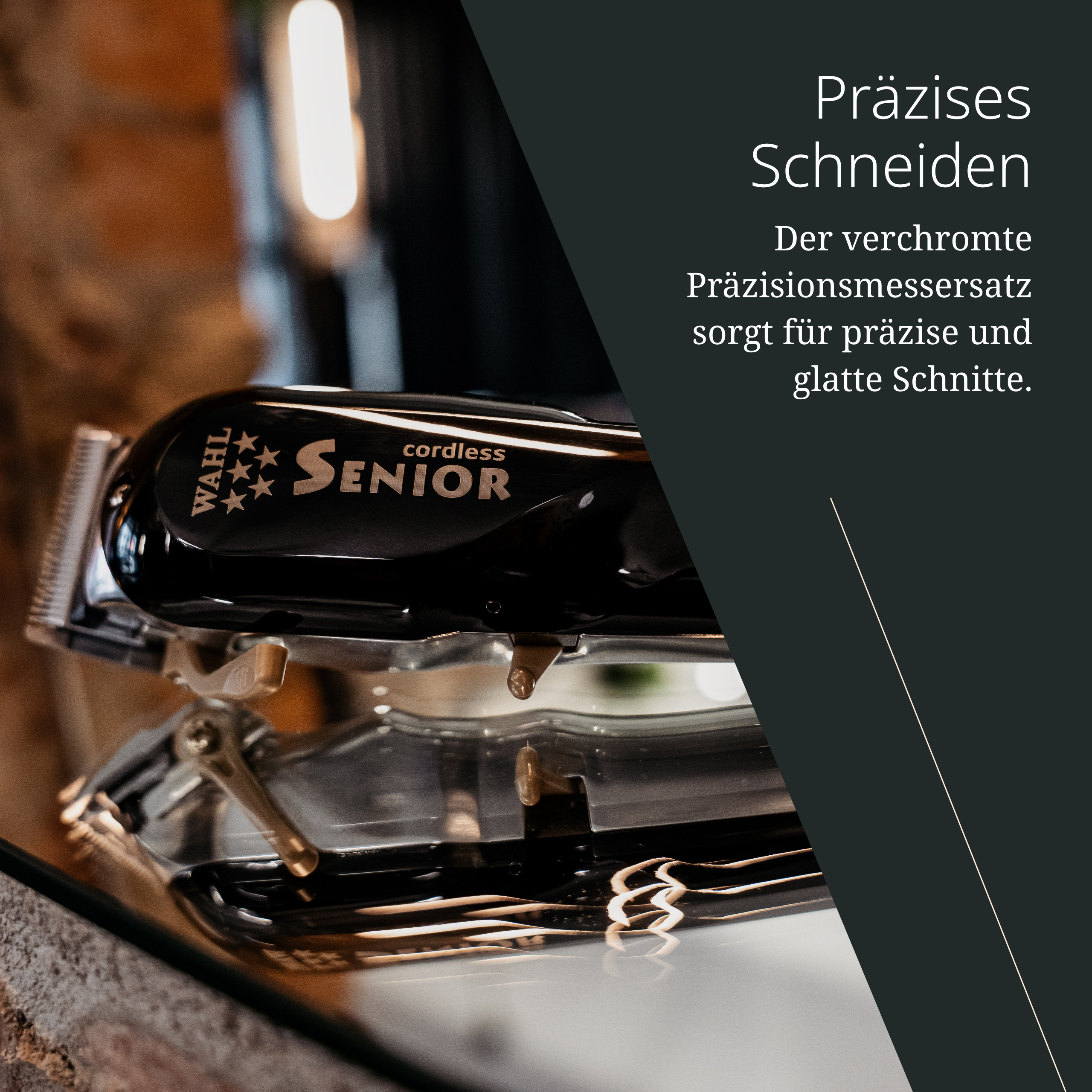 Ein schwarzer WAHL Cordless Senior Haarschneider liegt auf einer spiegelnden Oberfläche.