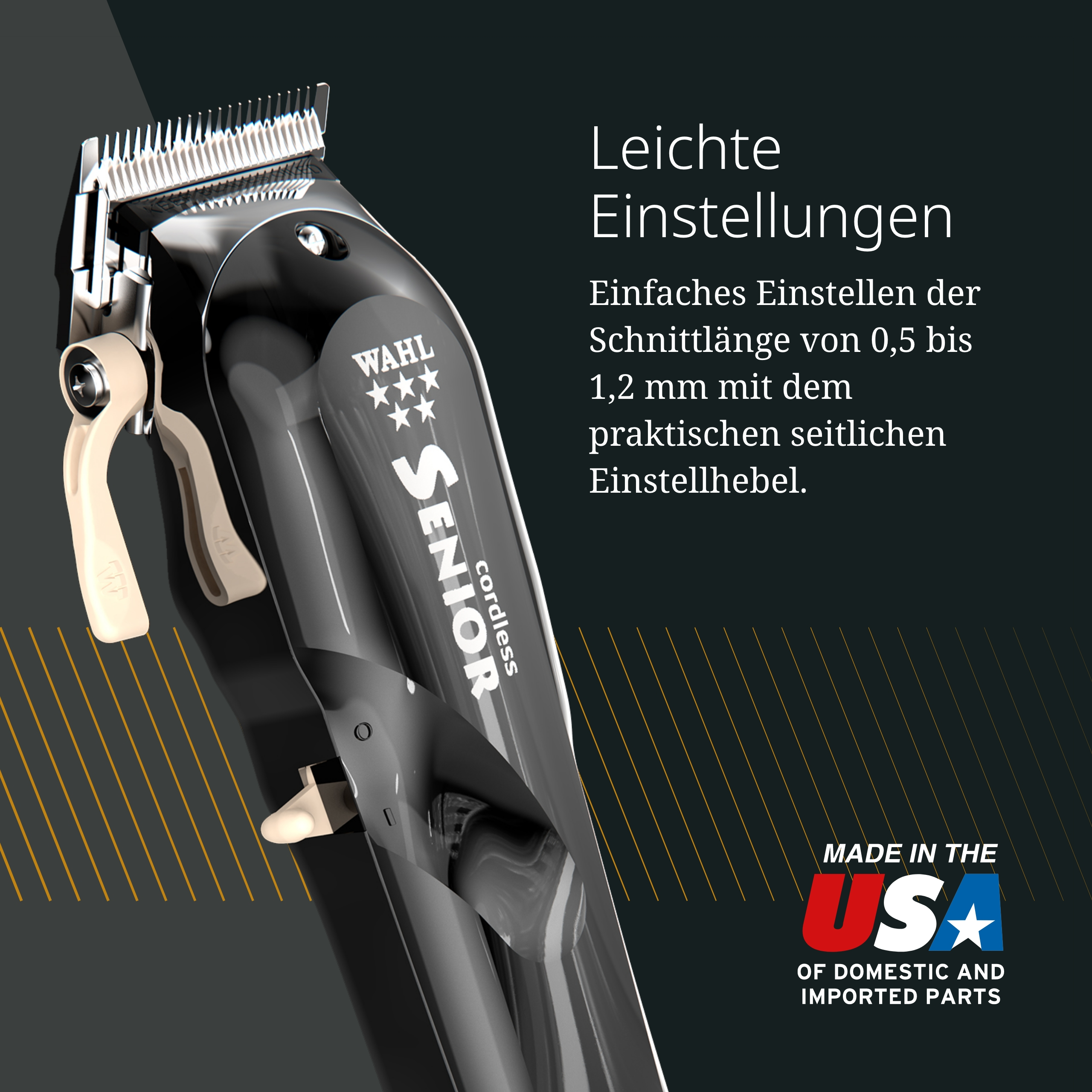 Ein schwarzer Wahl Senior Haarschneider mit silbernen Klingen und einem beige Hebel.