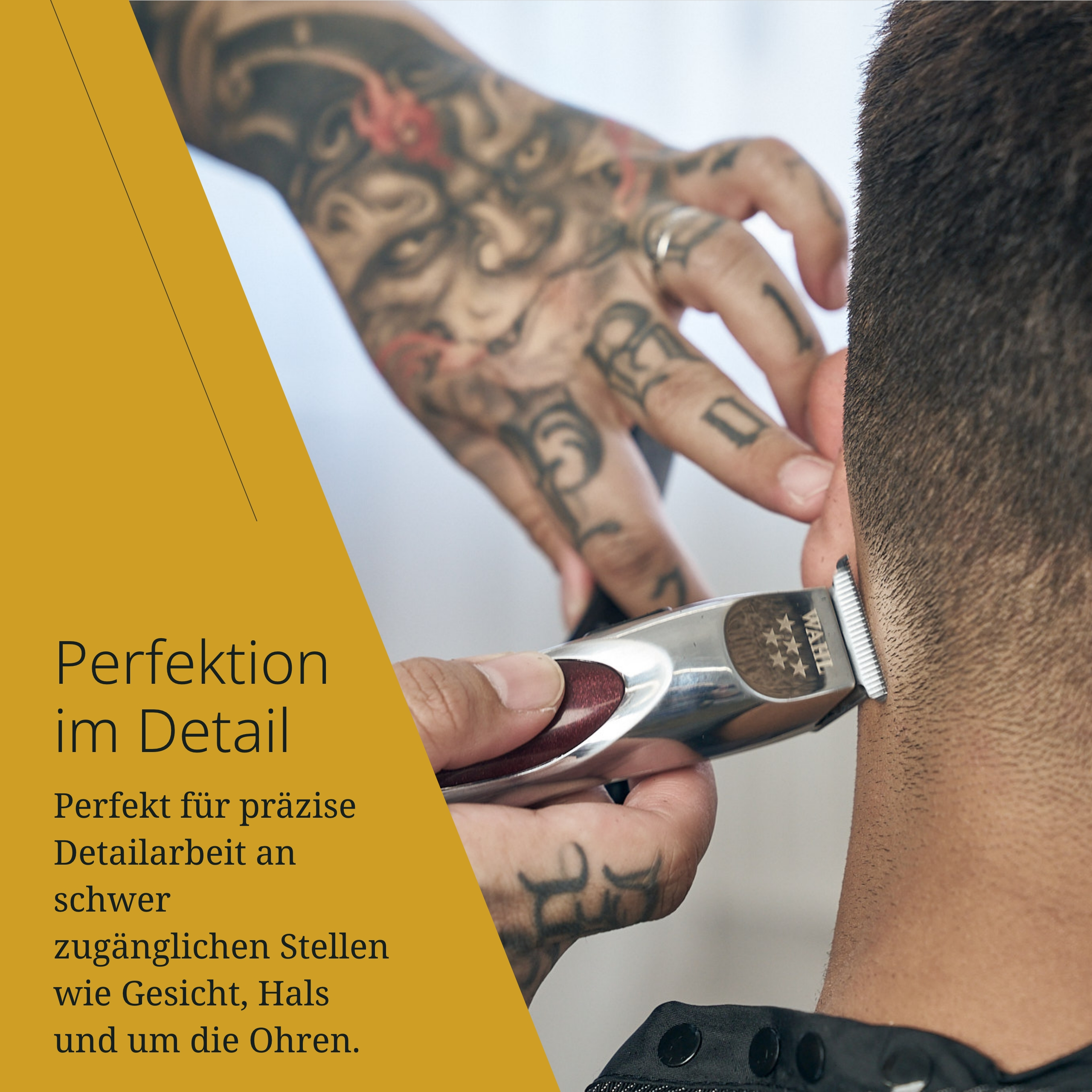 Ein Barbier trimmt mit einem silbernen Trimmer das Haar hinter dem Ohr eines Mannes.
