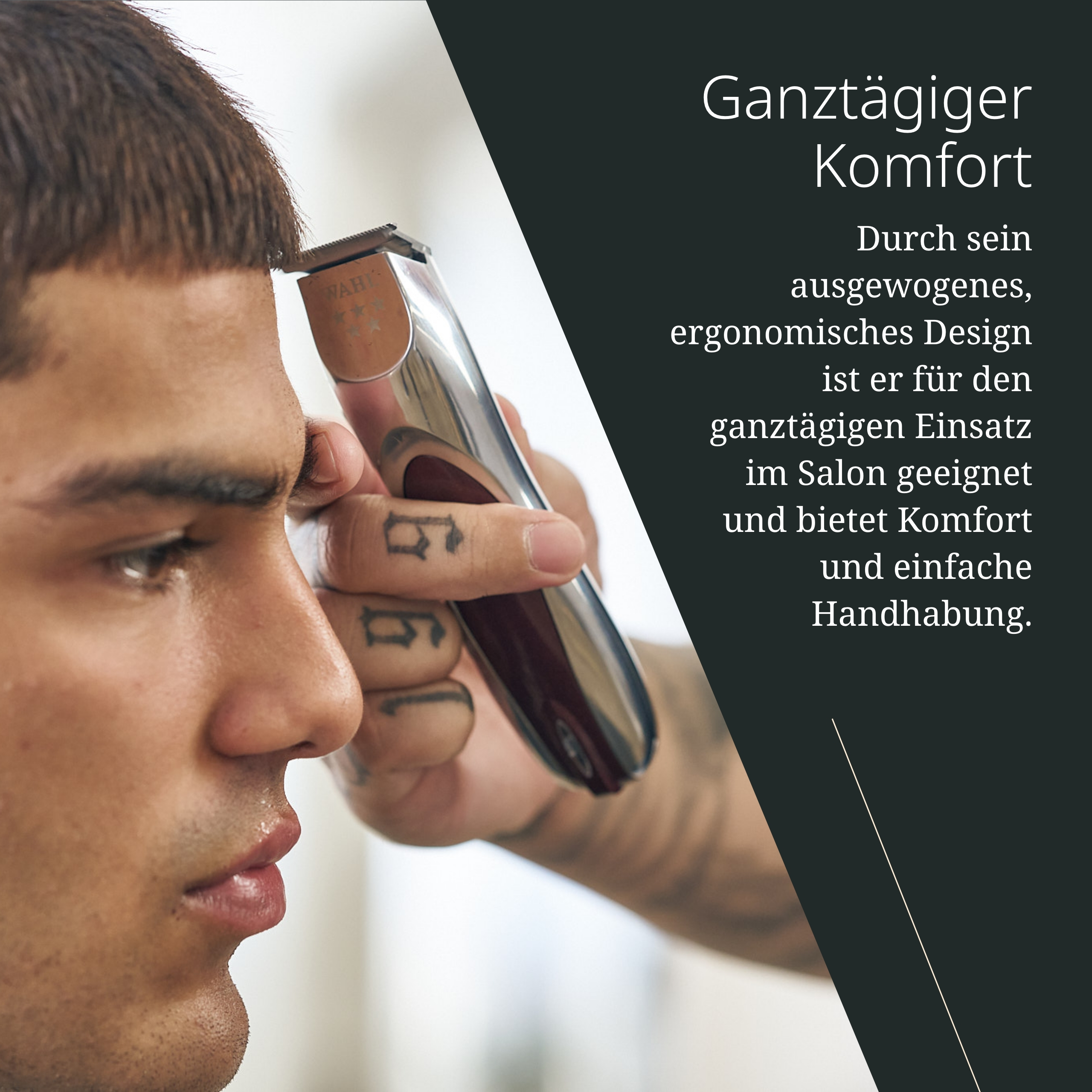 Friseur schneidet Mann's Haar mit silbernem Haarschneider. Fokus auf Gerät.