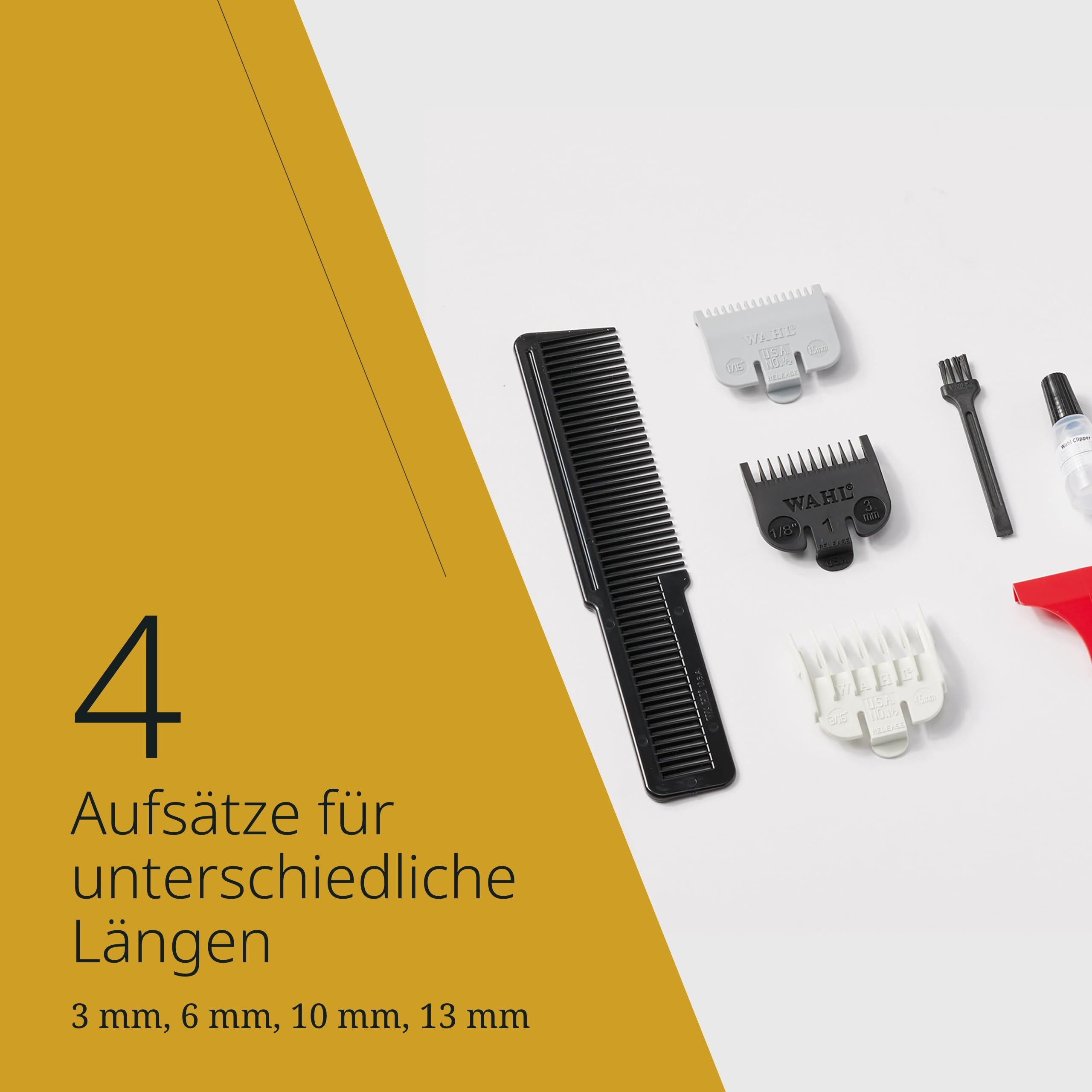 Haarschneidemaschinen-Aufsätze in verschiedenen Längen auf weißem Hintergrund.