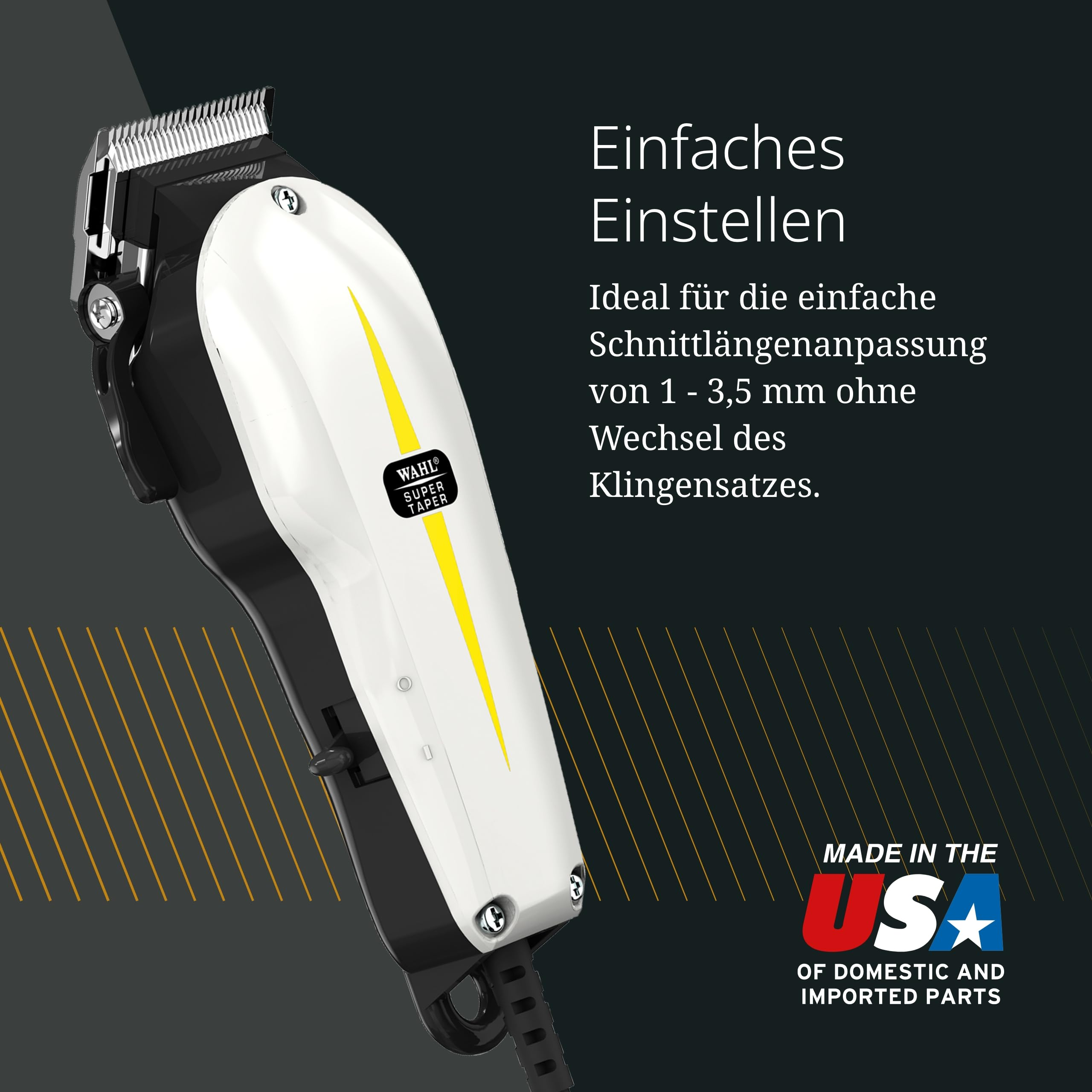 Ein weißer und schwarzer Wahl Haarschneider mit gelbem Streifen. Hergestellt in den USA.