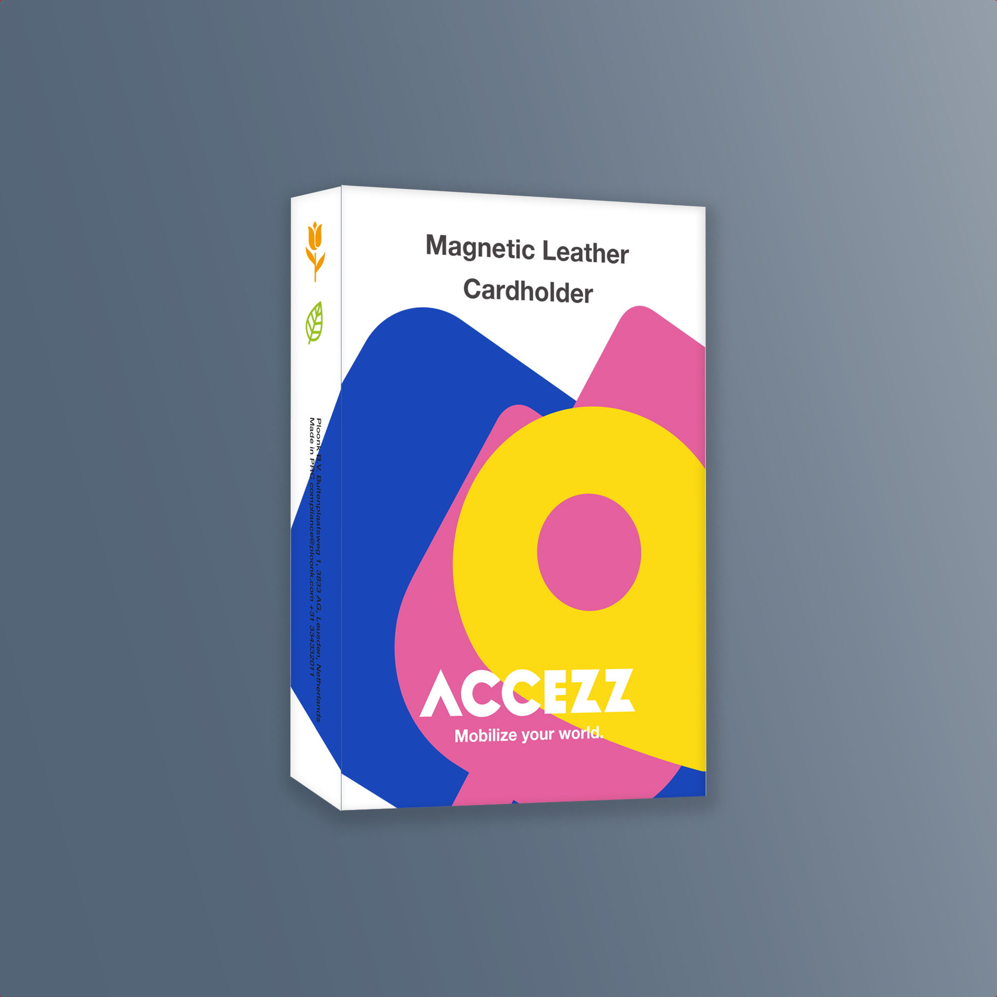 Verpakking voor magnetische lederen kaarthouder met kleurrijke vormen en logo.