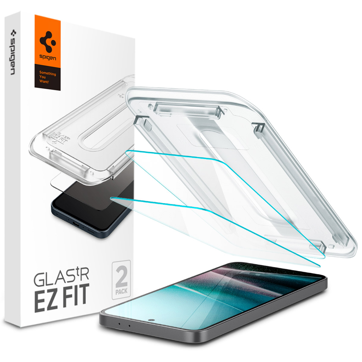 Spigen screenprotector met applicator voor een smartphone.