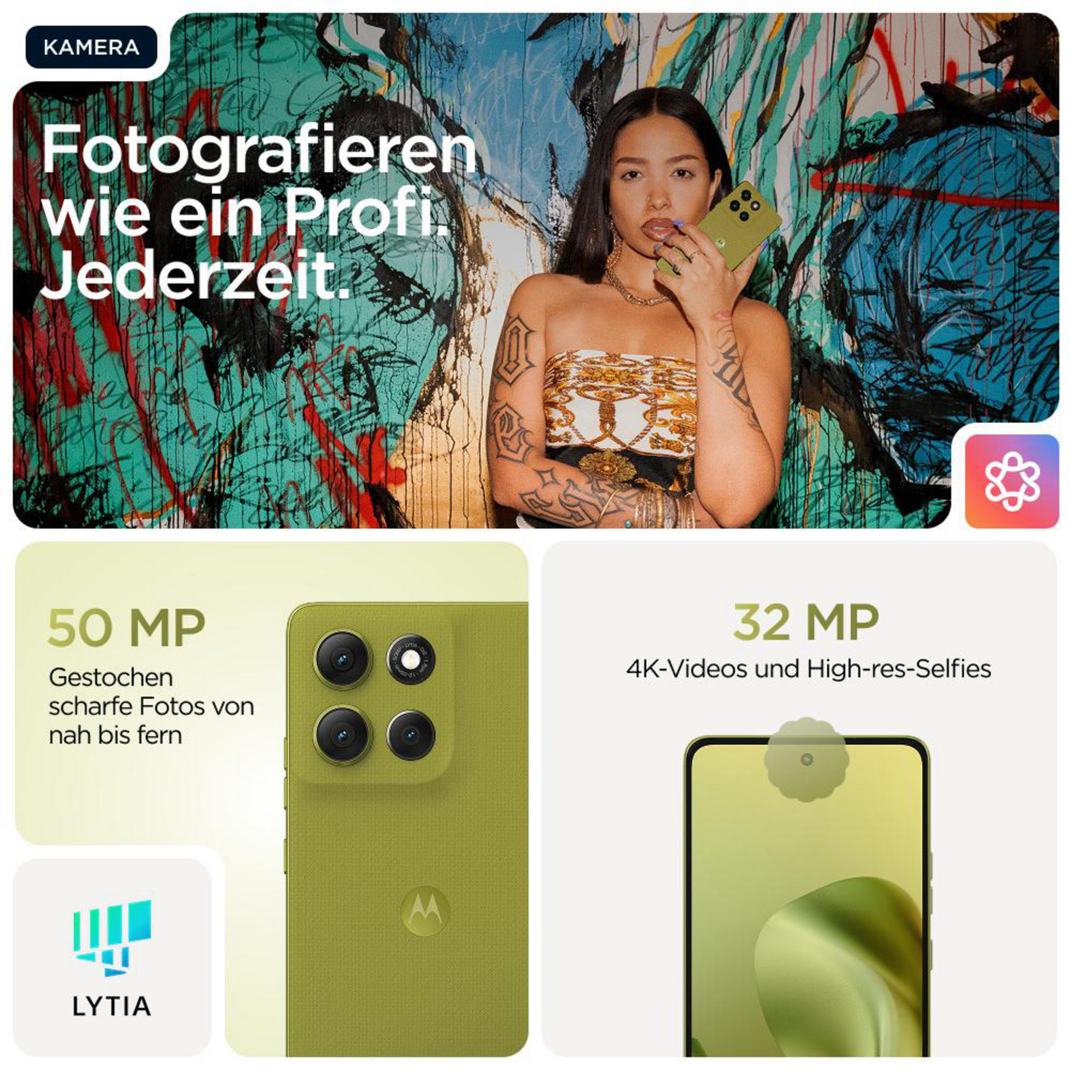 A woman holds a phone in front of a colorful wall. Phone details below.