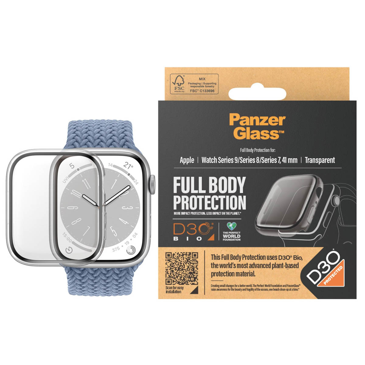 Un protecteur d'écran PanzerGlass sur une Apple Watch Series 9/8/7, 41mm, avec bracelet bleu.