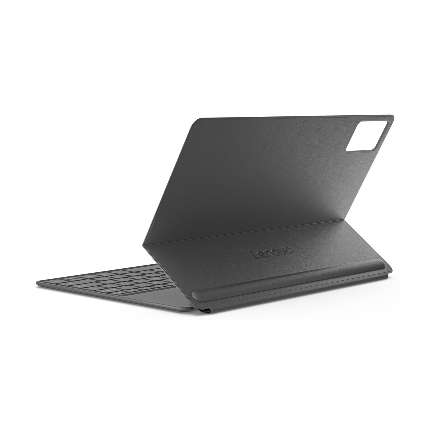 Un tablet Lenovo grigio con cover tastiera è mostrato su sfondo bianco.