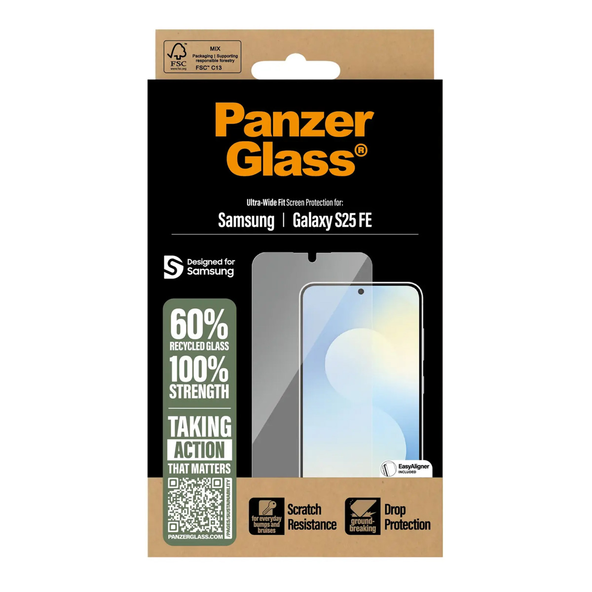 PanzerGlass for Samsung Galaxy S25 FE: 60% recycled glass, scratch, drop protection.