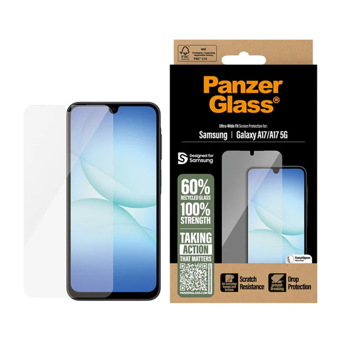 Protezione schermo Panzer Glass per Samsung Galaxy A17/A17 5G, con 60% vetro riciclato.