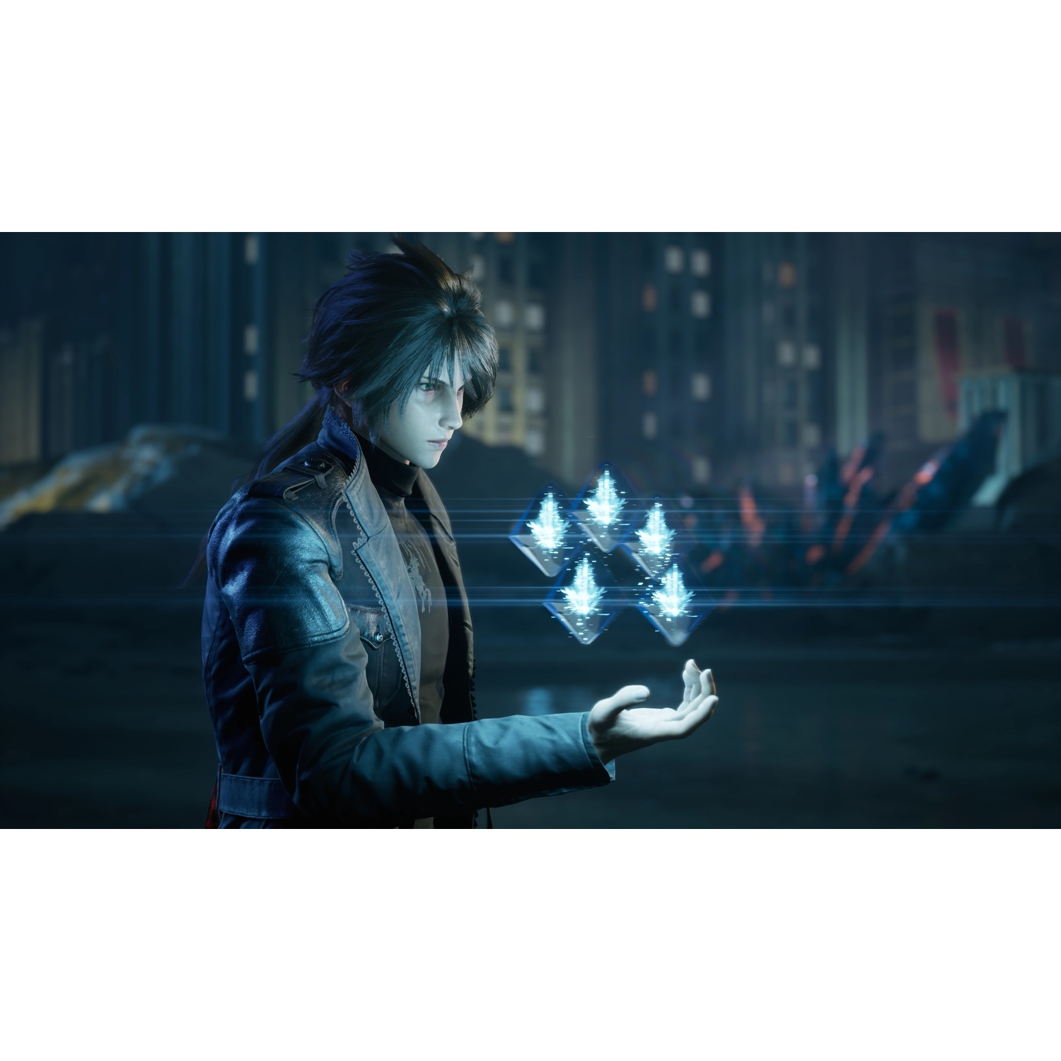 Ein Mann mit dunklem Haar in Lederjacke hält schwebende blaue Kristalle in der Hand.