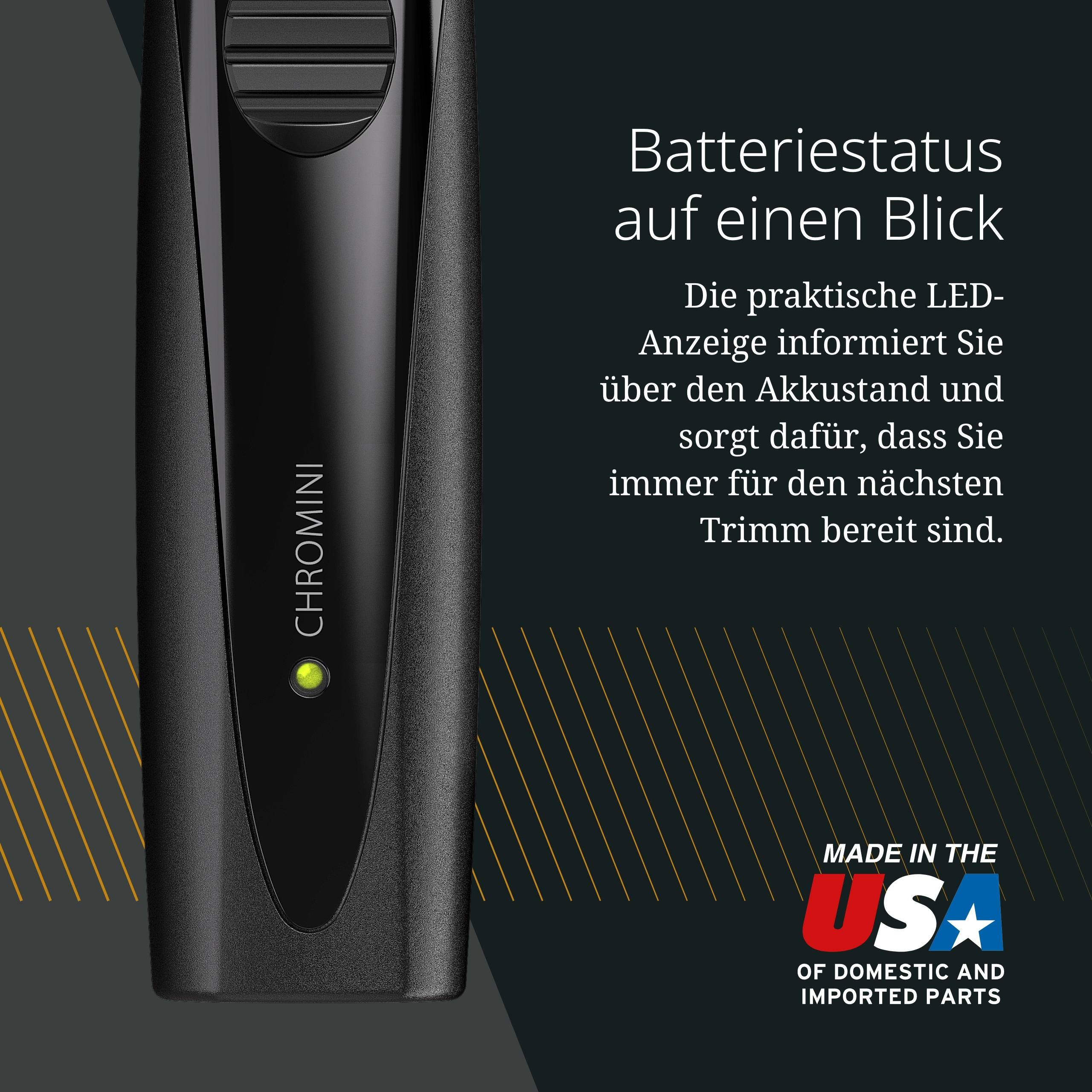 Rifinitore nero con LED verde e logo USA. Testo in tedesco.