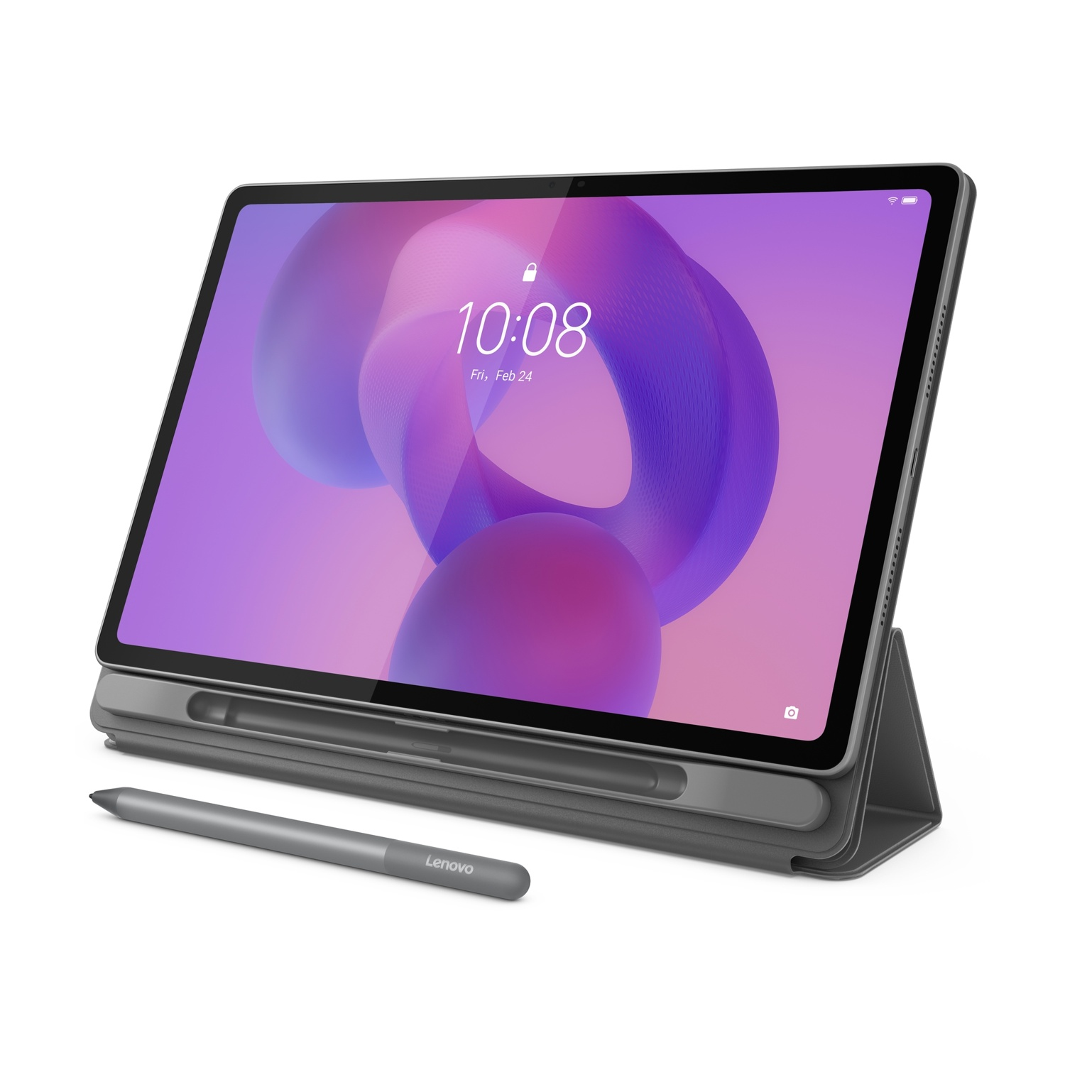 Szary tablet ze stijlusem i etui na białym tle. Godzina 10:08.