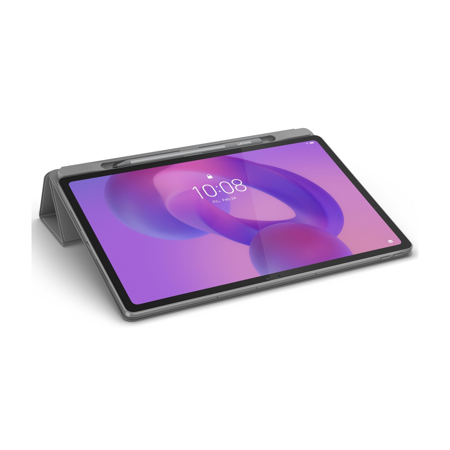 Szary tablet z rysikiem i etui, wyświetla 10:08.