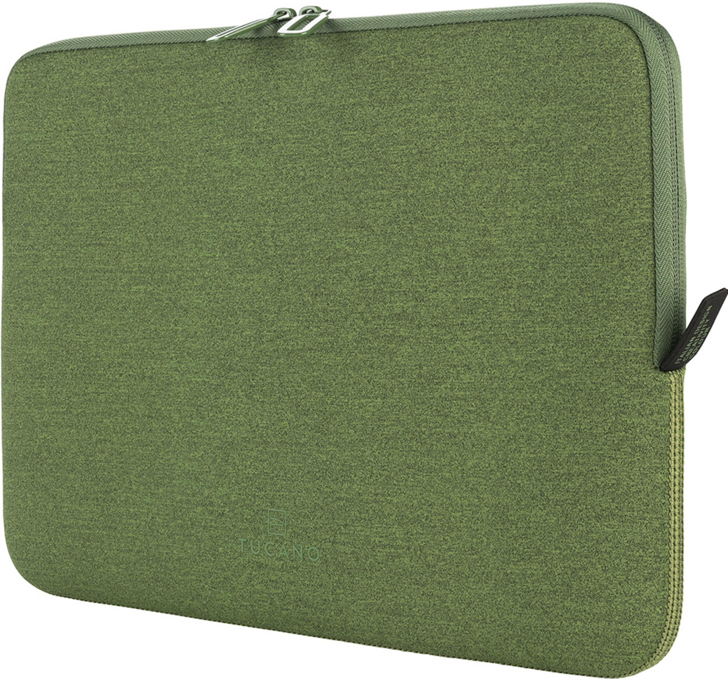 Una custodia verde per laptop con cerniera e tiretti argentati.