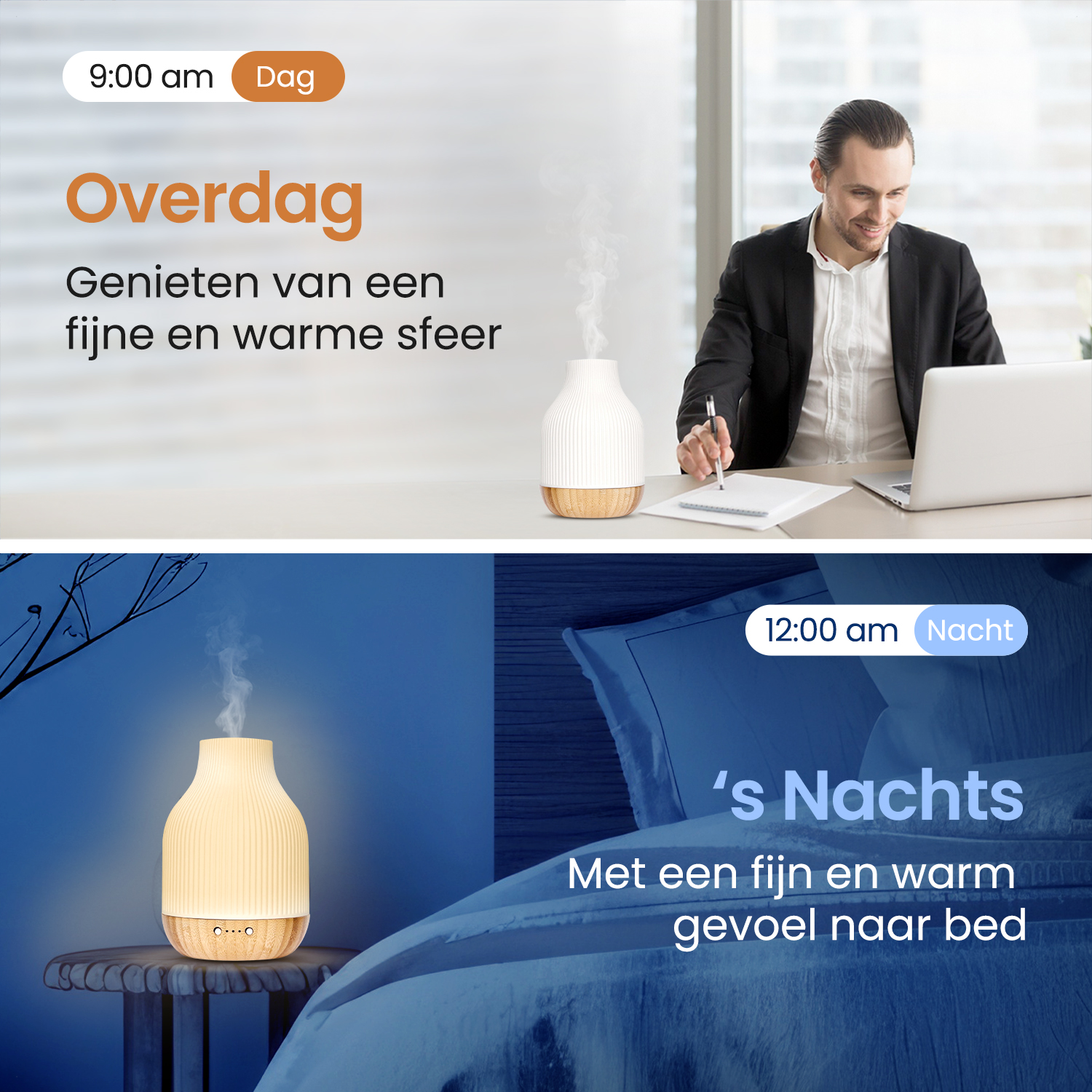 Een man in pak werkt aan laptop; diffuser staat ernaast.