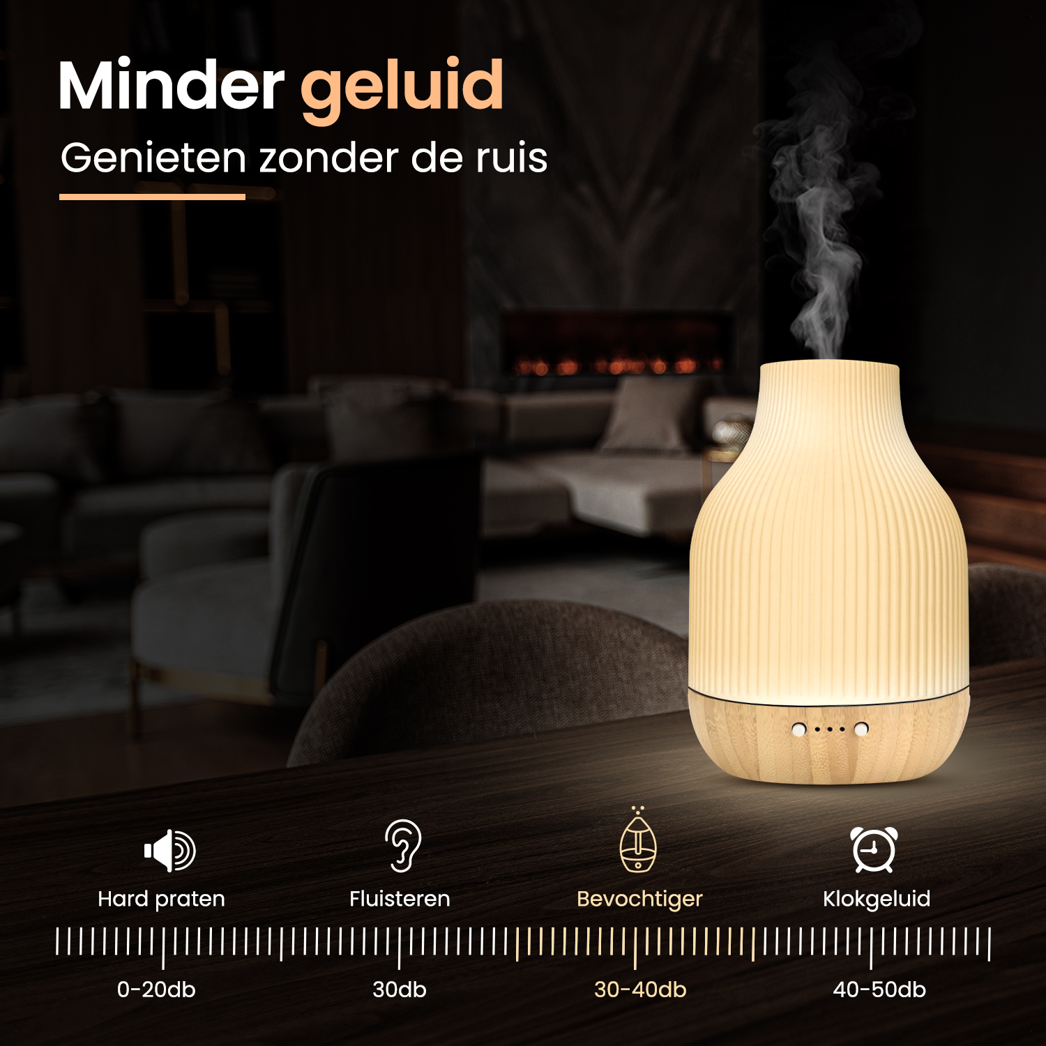 Een verlichte luchtbevochtiger geeft stoom af, met geluidsniveau-iconen.