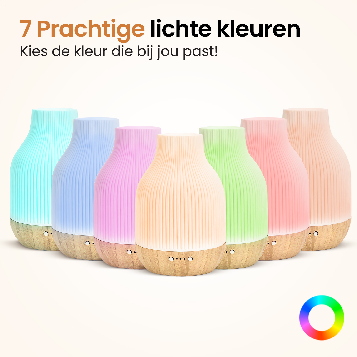 Zeven zachtgekleurde diffusers met houten basis staan naast elkaar.