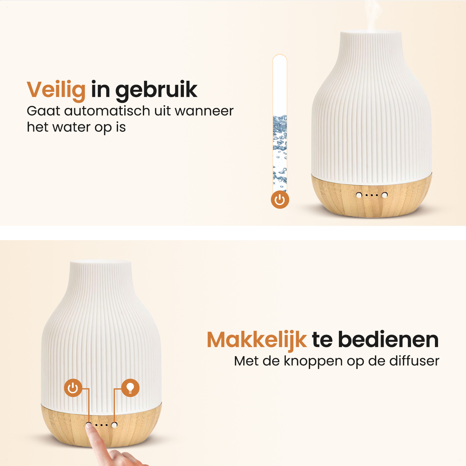Een witte diffuser met houten basis die stoom afgeeft.