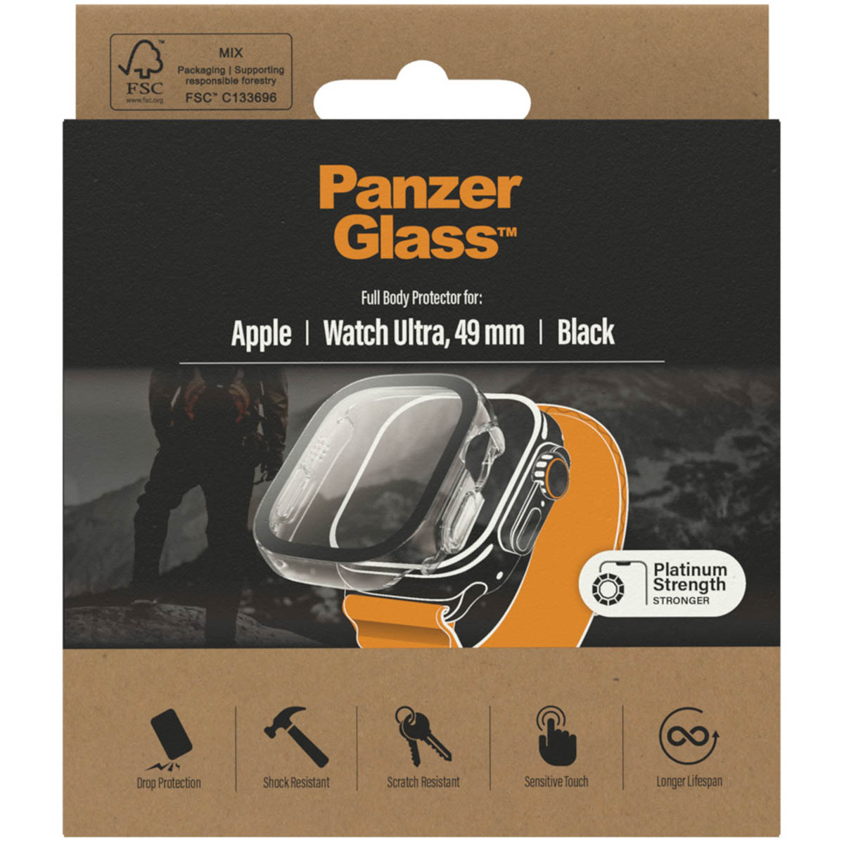 Protecteur Panzer Glass pour Apple Watch Ultra 49mm, noir.