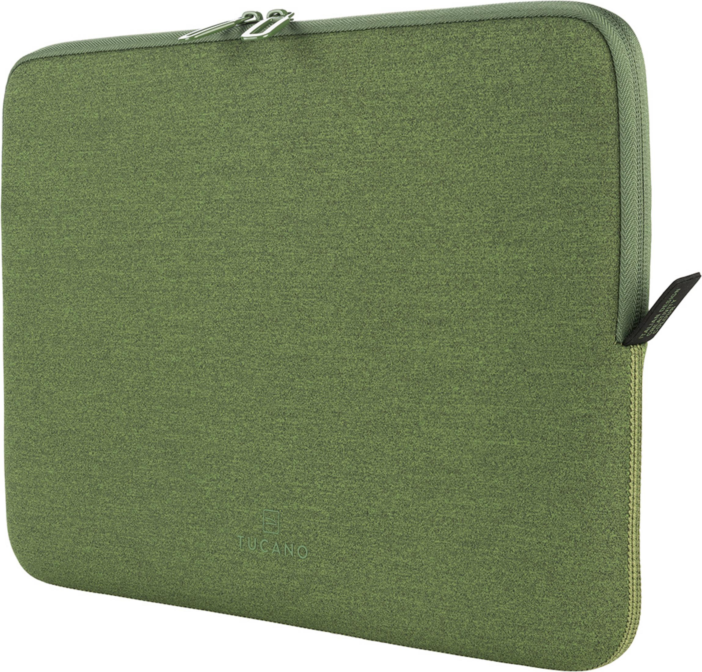 Green laptop sleeve with zipper and Tucano logo.