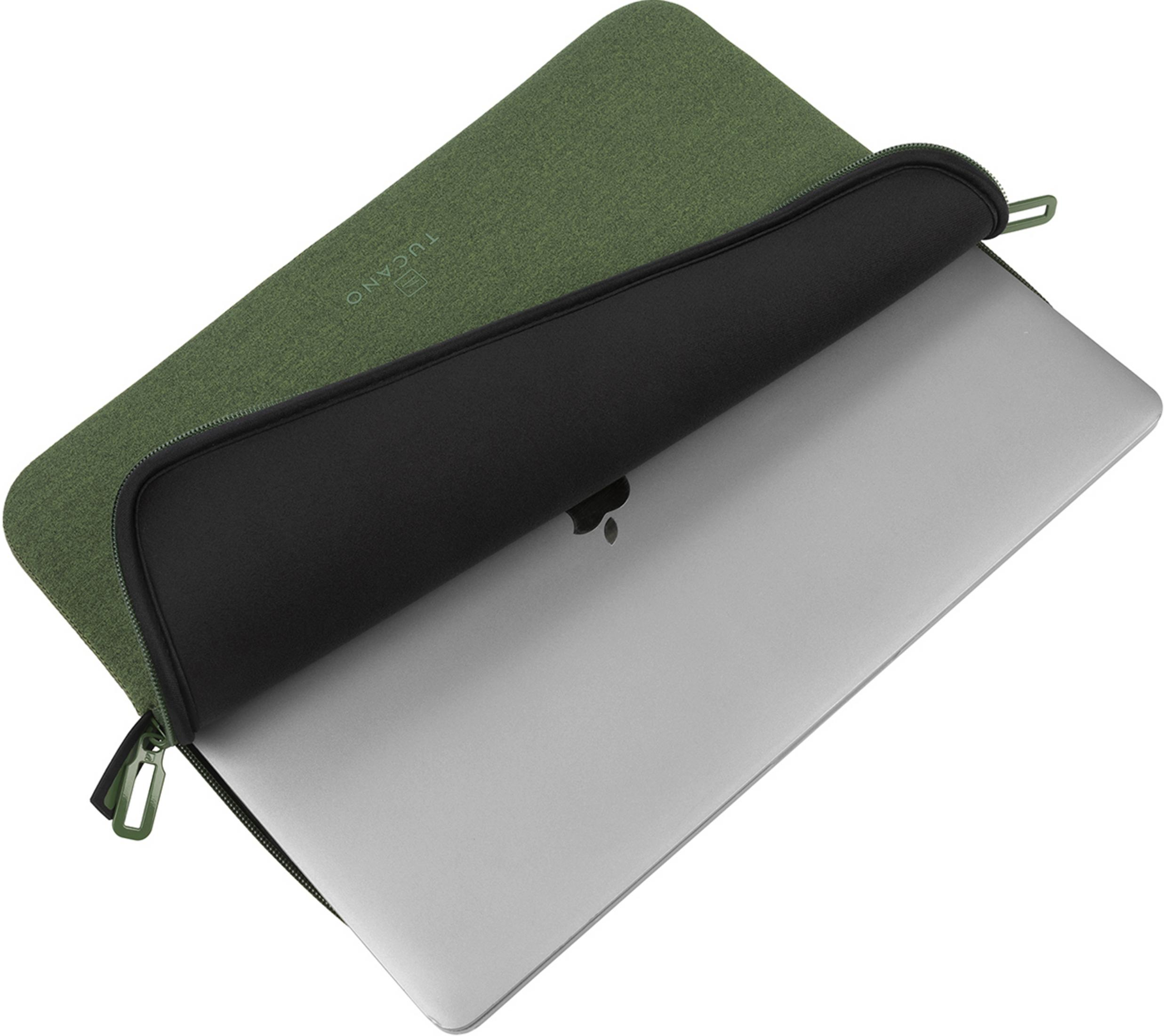 A green Tucano laptop sleeve with a MacBook inside.