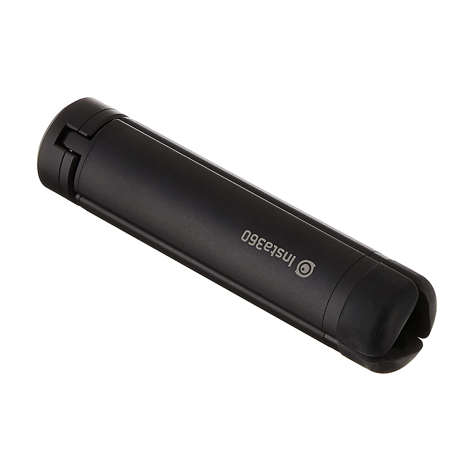 Schwarzer, zusammengeklappter Griff mit Insta360-Logo.