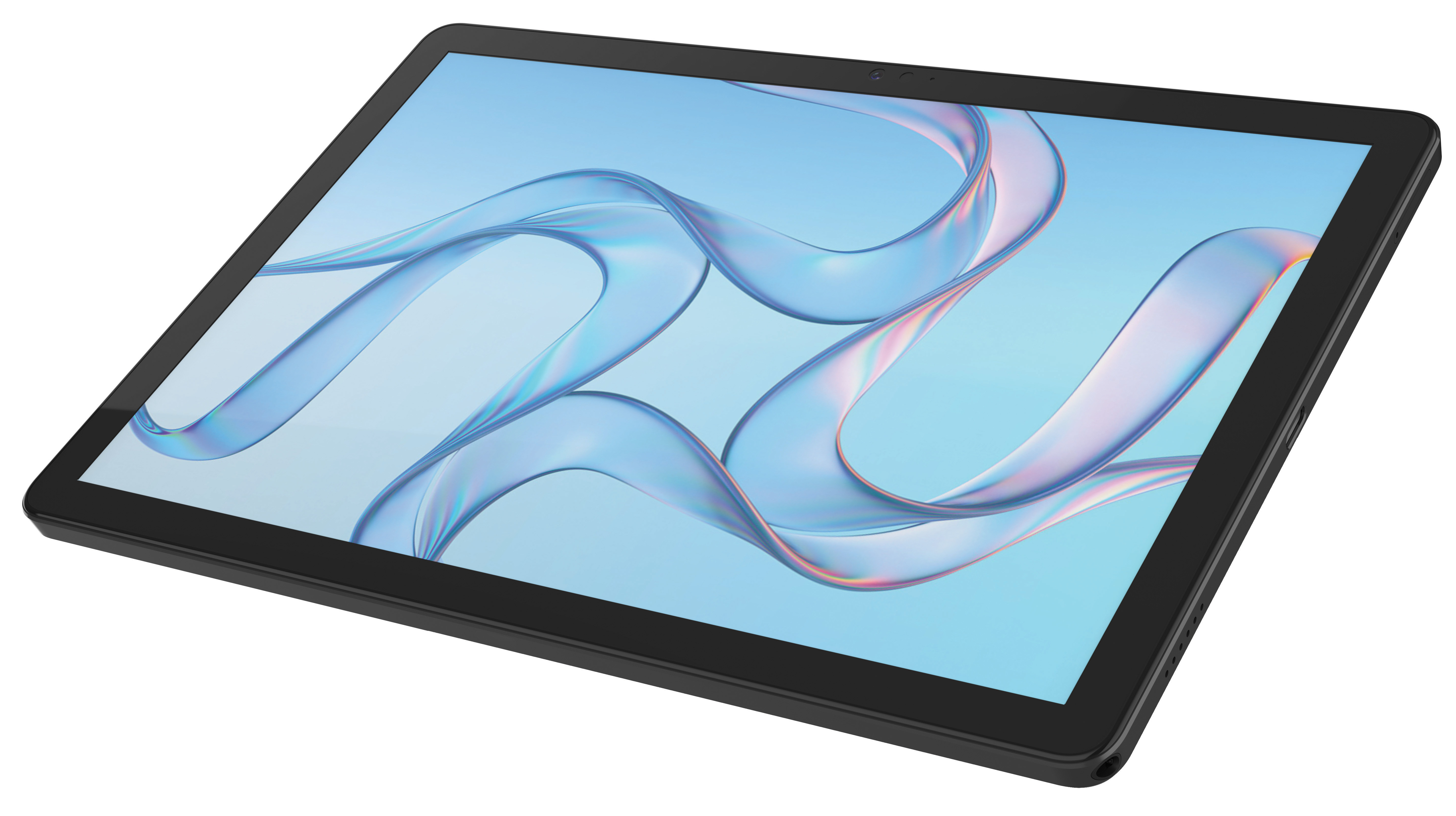 Czarny tablet z abstrakcyjnymi niebiesko-białymi falami na ekranie.