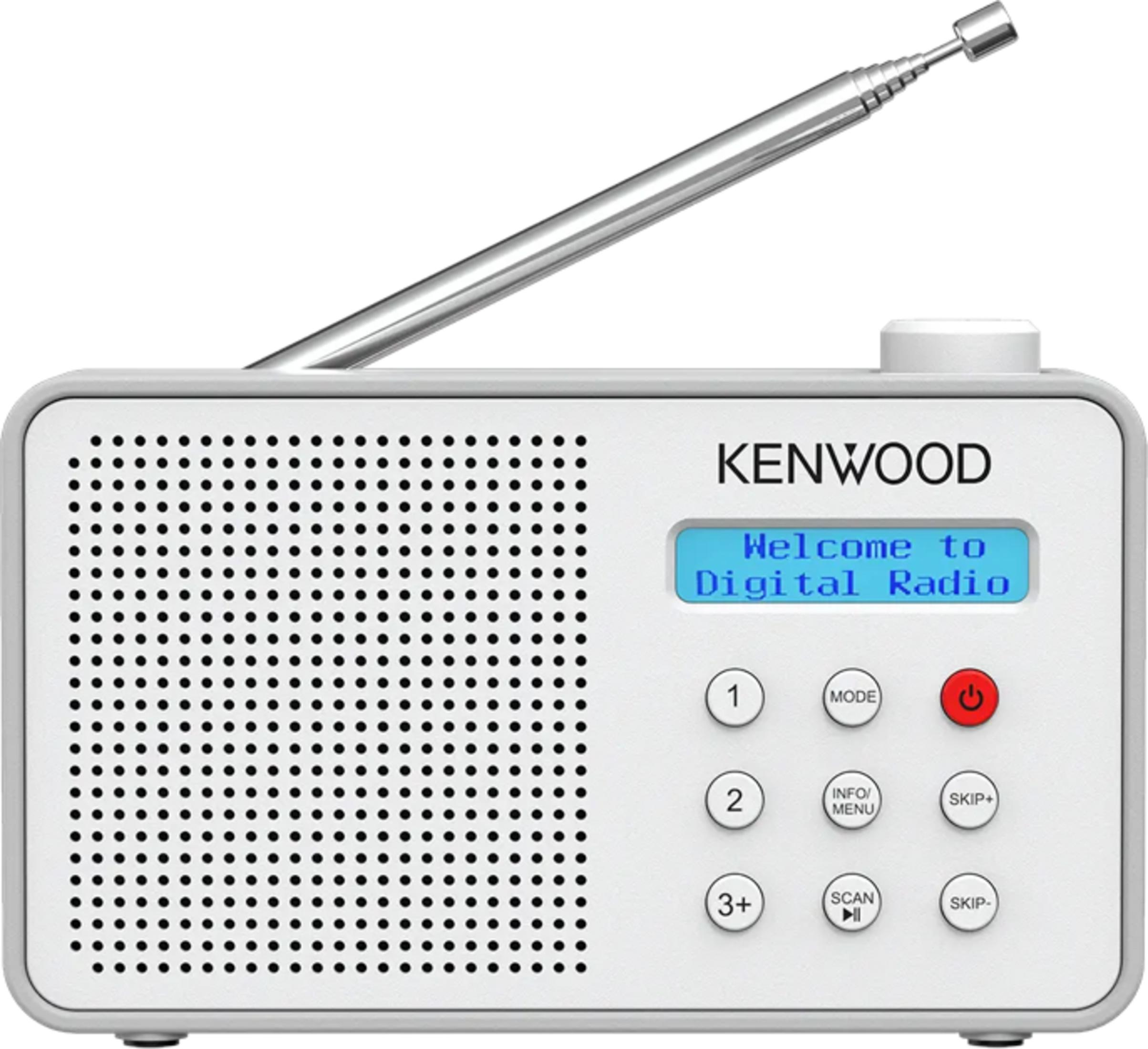 Ein weißes Kenwood Digitalradio mit Antenne und blauer Anzeige.