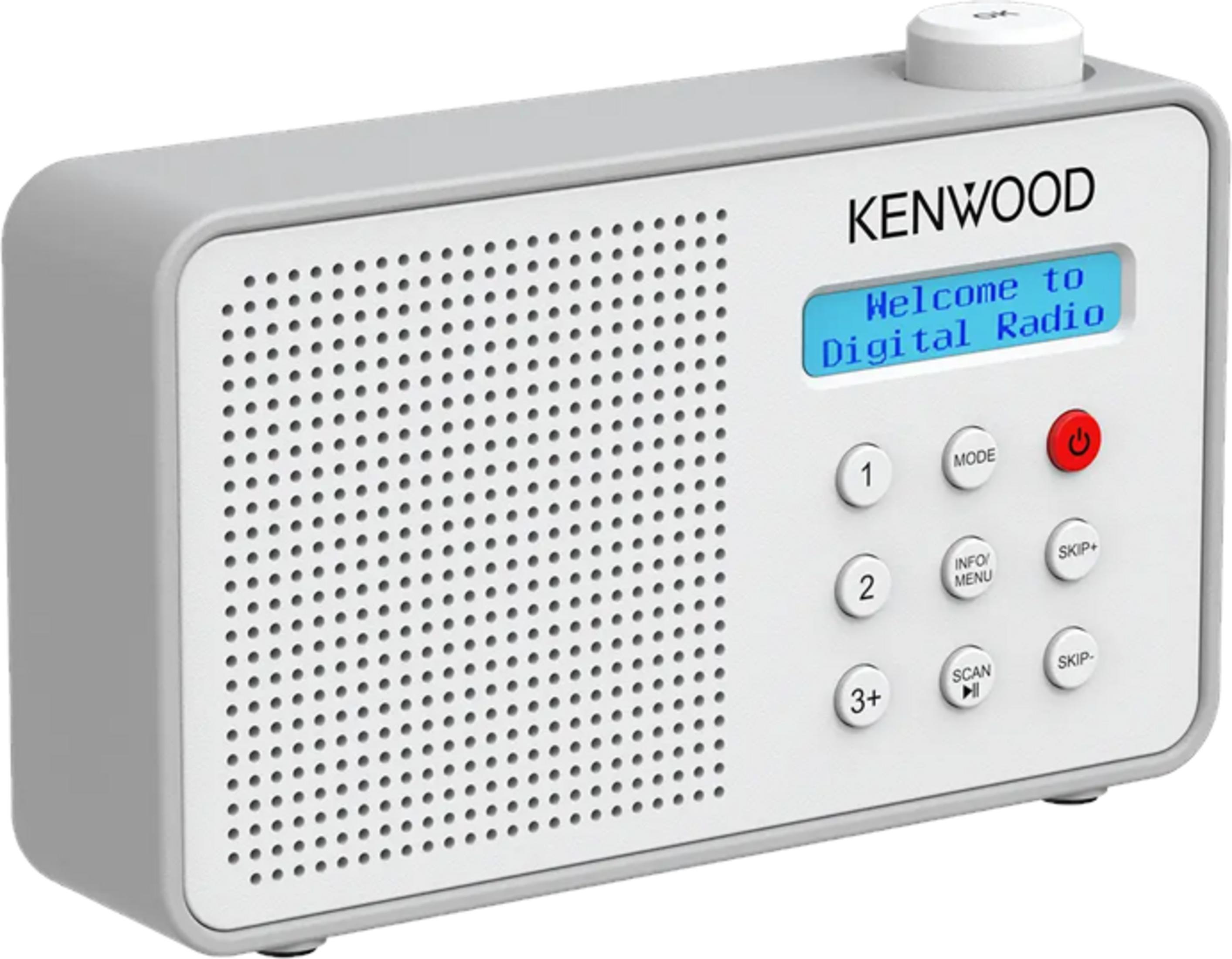Ein weier Kenwood Digitalradio mit blauem Bildschirm und Knpfen.