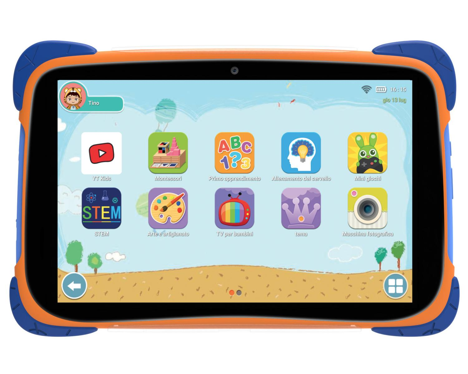 Ein Tablet mit bunten App-Symbolen für Kinder, darunter YouTube Kids und STEM.